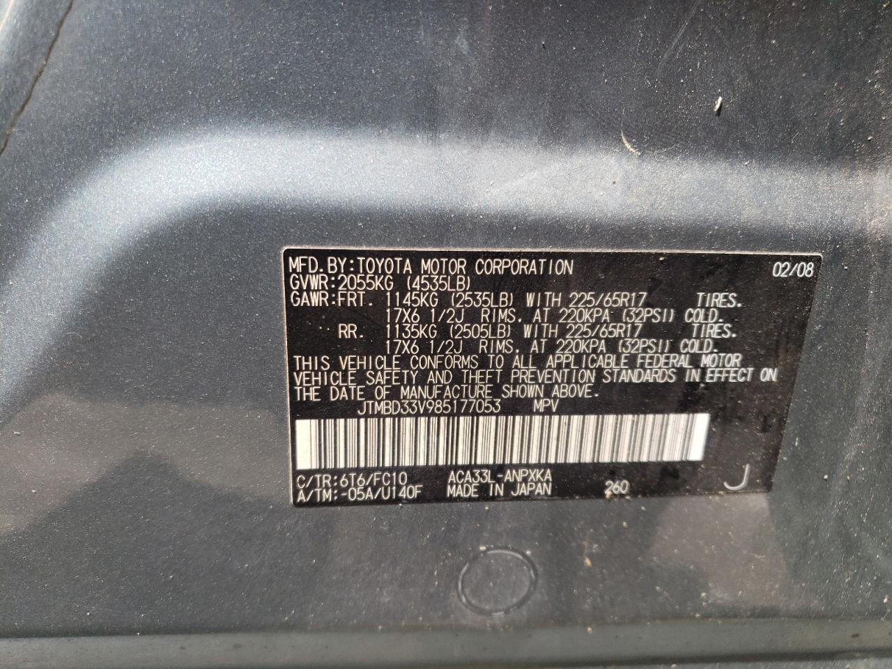 Photo 10 from auction – 2008 TOYOTA RAV4 with VIN JTMBD33V985177053