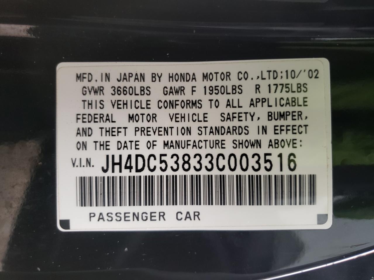 Photo 10 from auction – 2003 ACURA RSX with VIN JH4DC53833C003516
