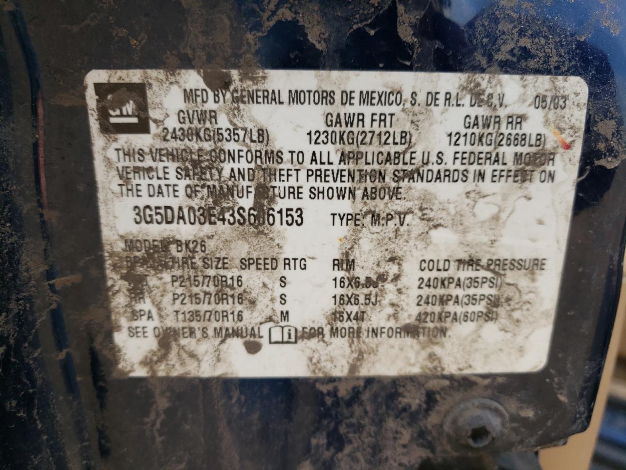 Photo 10 from auction – 2003 BUICK RENDEZVOUS with VIN 3G5DA03E43S606153
