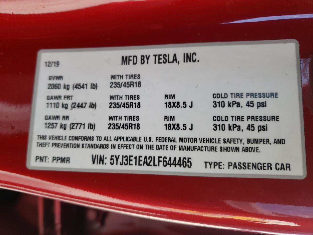 Photo 10 from auction – 2020 TESLA MODEL 3 with VIN 5YJ3E1EA2LF644465