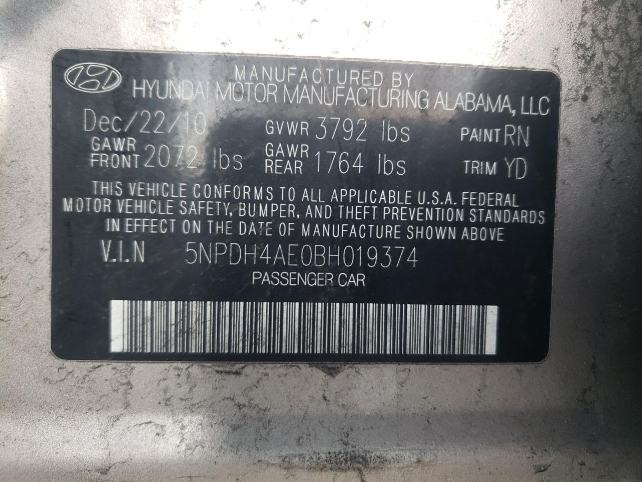 Photo 10 from auction – 2011 HYUNDAI ELANTRA GL with VIN 5NPDH4AE0BH019374