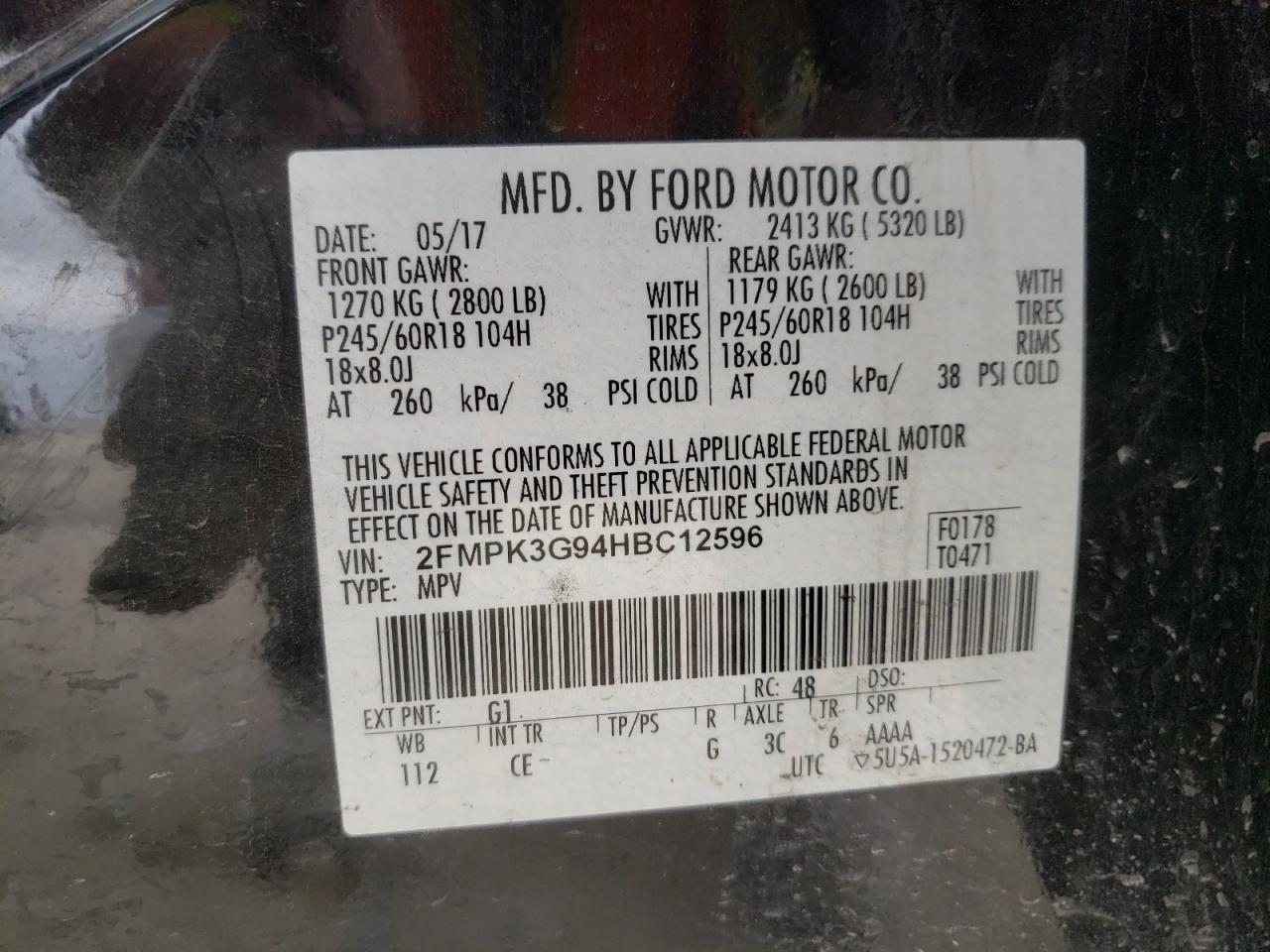 Photo 10 from auction – 2017 FORD EDGE SE with VIN 2FMPK3G94HBC12596