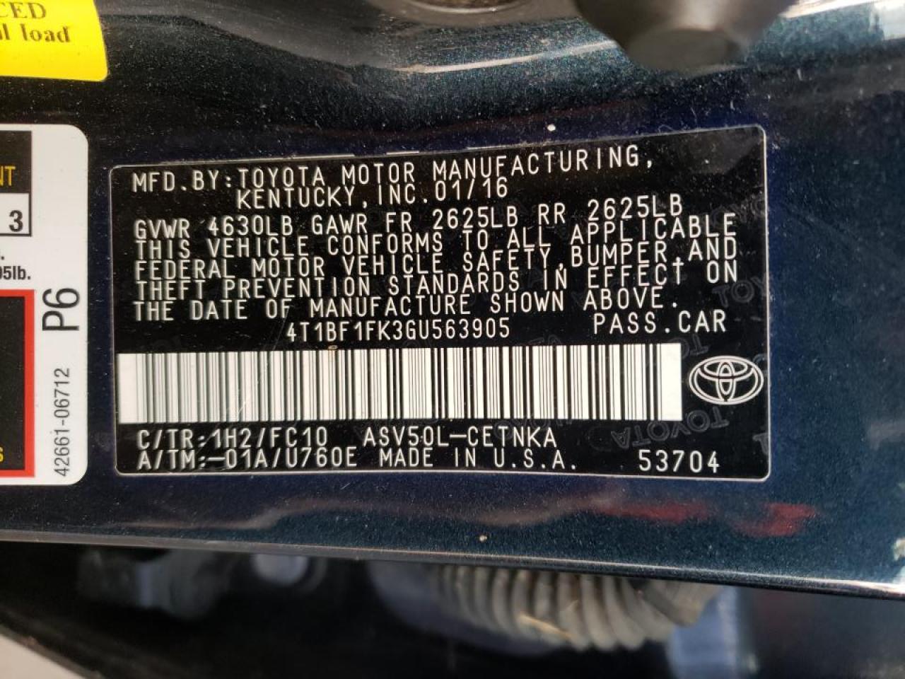 Photo 10 from auction – 2016 TOYOTA CAMRY LE with VIN 4T1BF1FK3GU563905