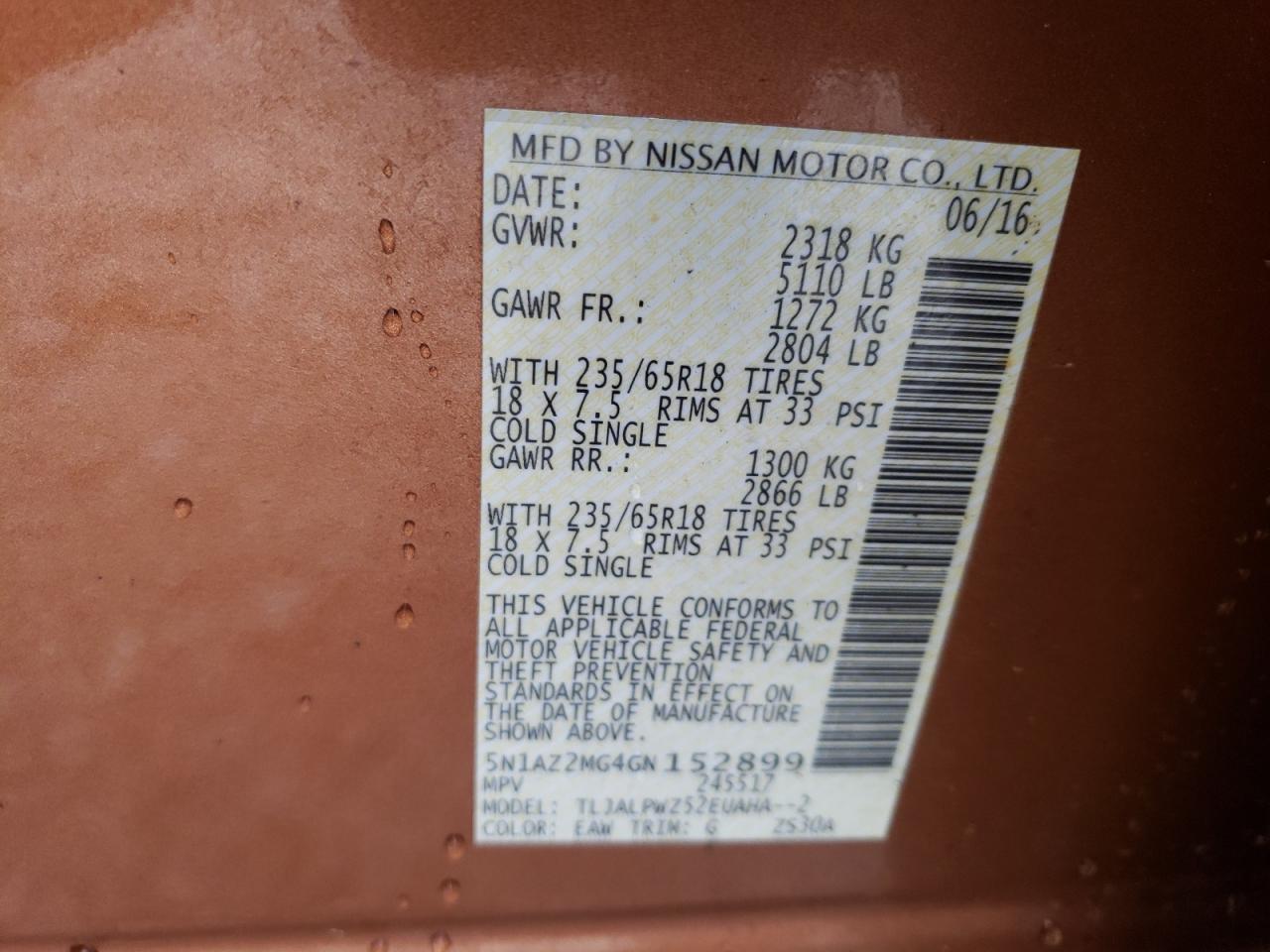 Photo 10 from auction – 2016 NISSAN MURANO S with VIN 5N1AZ2MG4GN152899