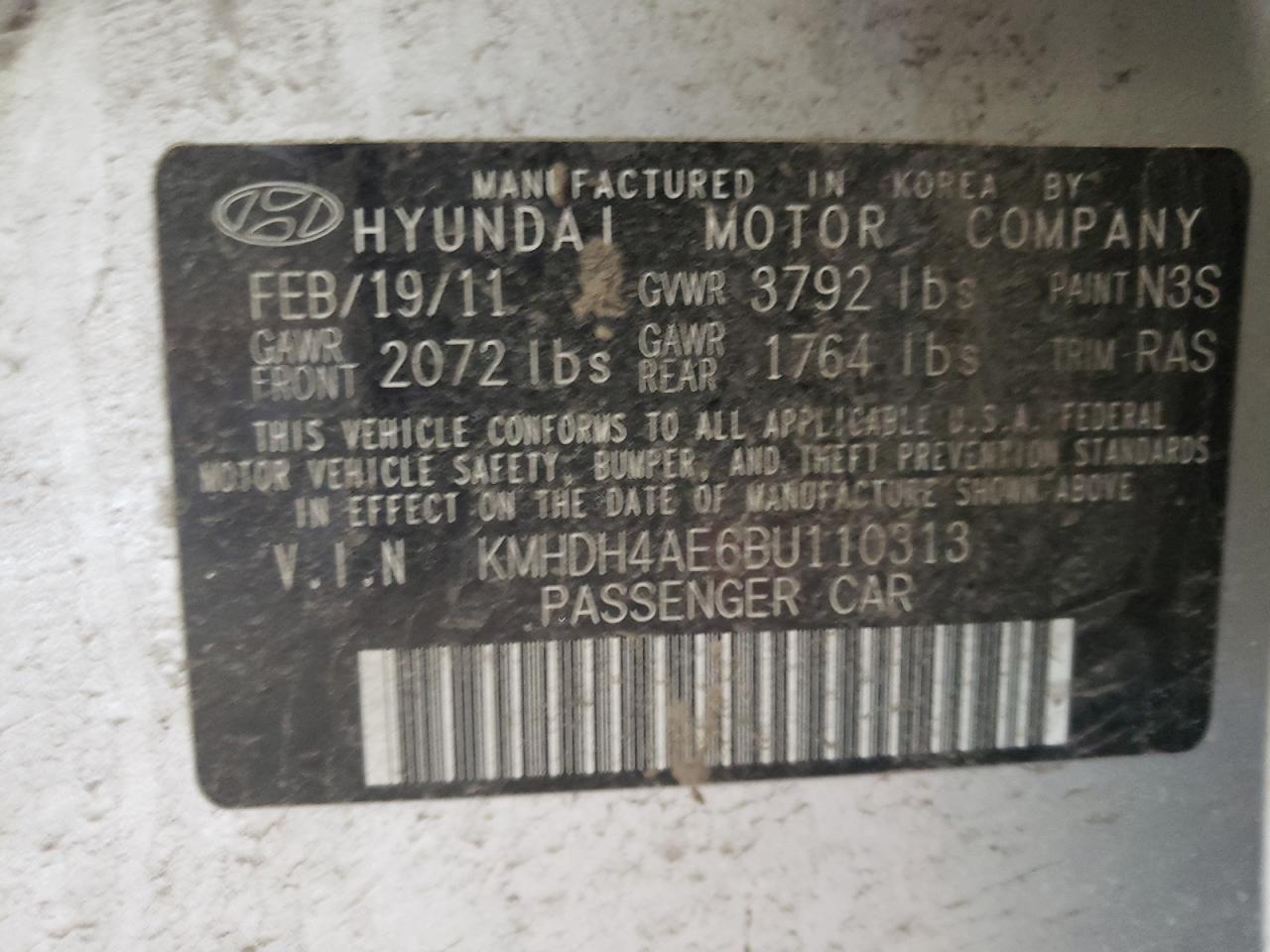 Photo 10 from auction – 2011 HYUNDAI ELANTRA GL with VIN KMHDH4AE6BU110313