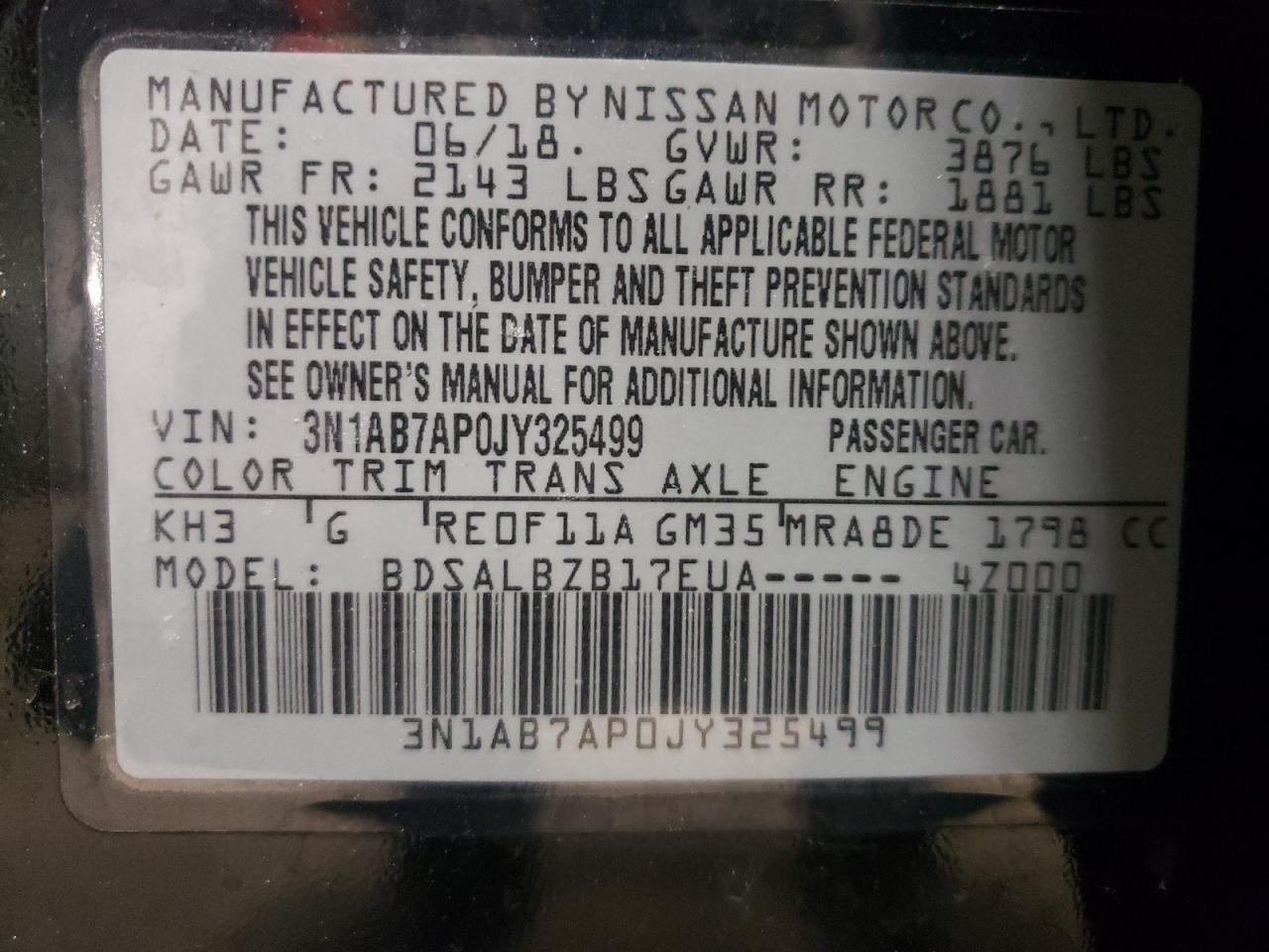 Photo 10 from auction – 2018 NISSAN SENTRA with VIN 3N1AB7AP0JY325499