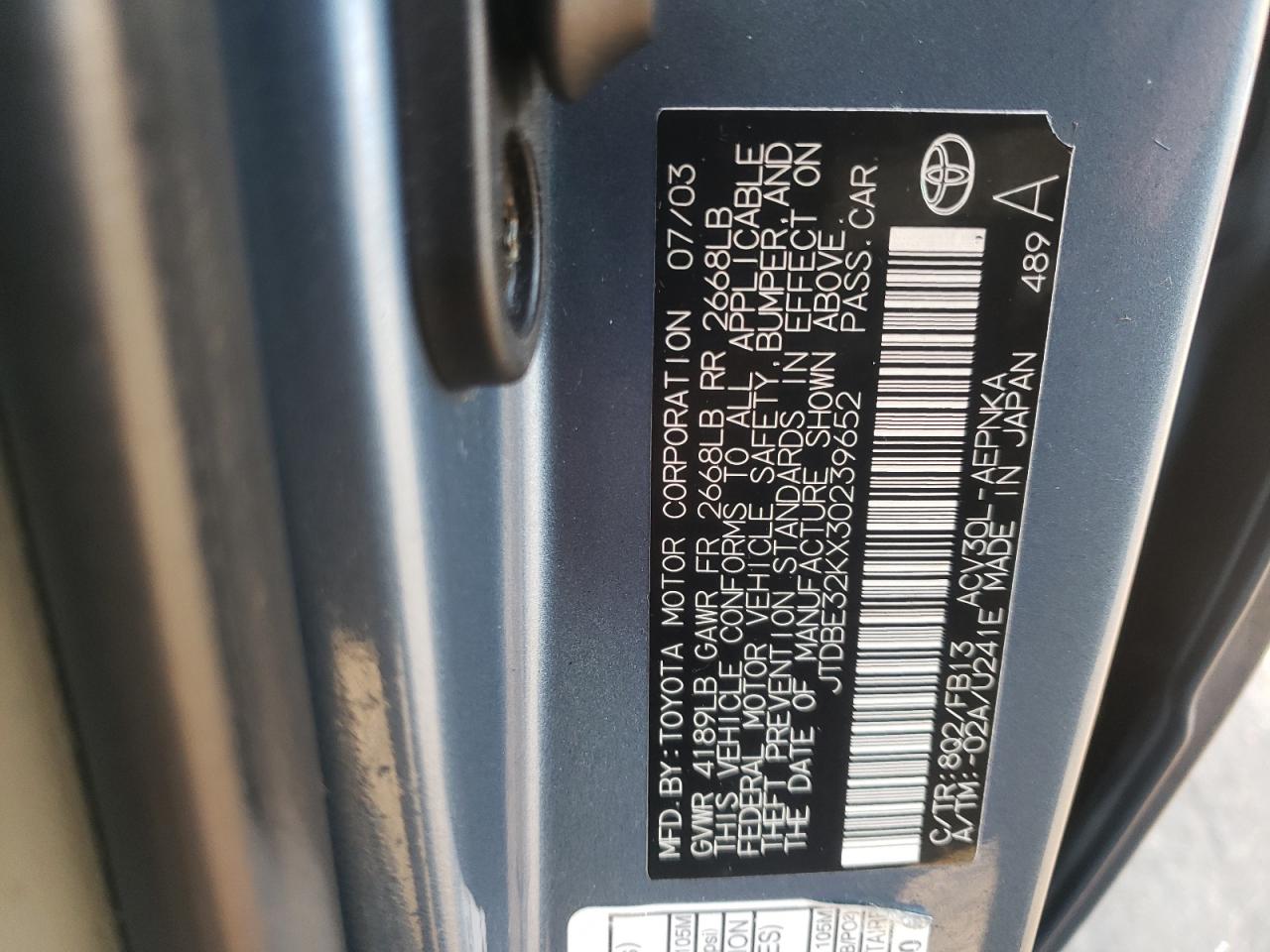 Photo 10 from auction – 2003 TOYOTA CAMRY LE with VIN JTDBE32KX30239652