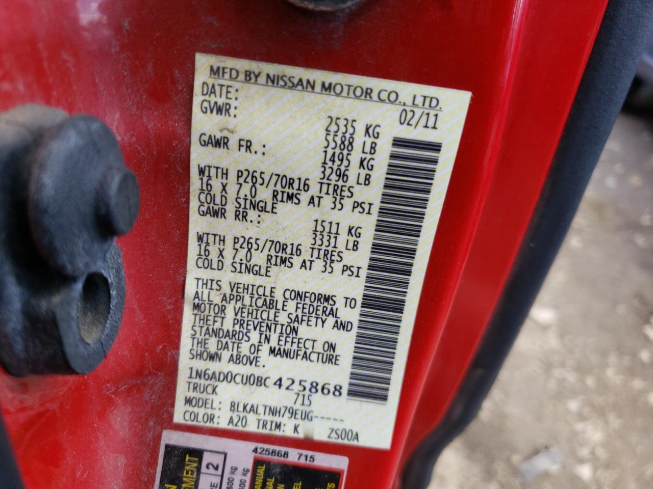 Photo 10 from auction – 2011 NISSAN FRONTIER S with VIN 1N6AD0CU0BC425868