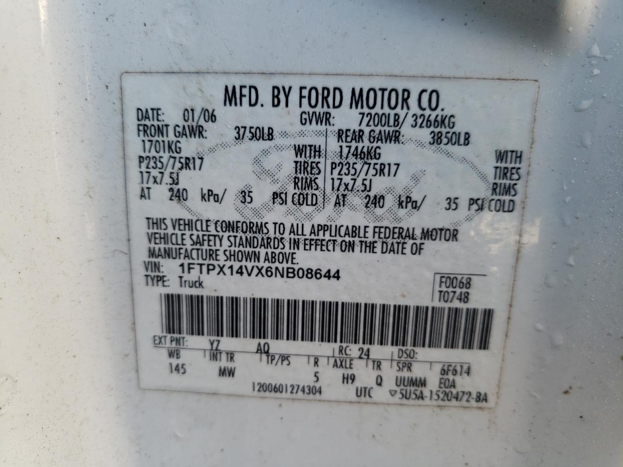 Photo 10 from auction – 2006 FORD F150 with VIN 1FTPX14VX6NB08644