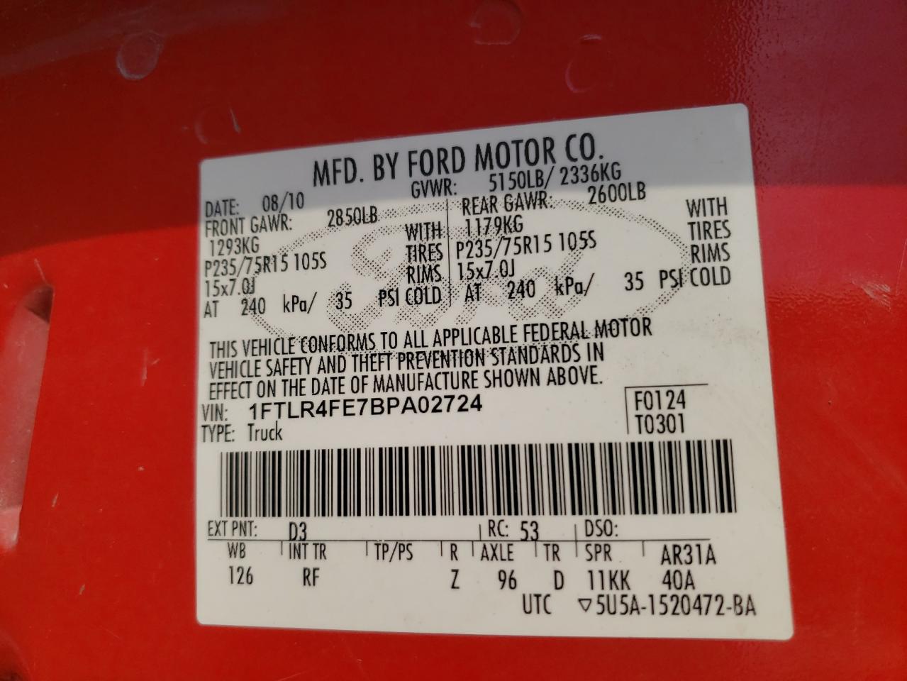 Photo 10 from auction – 2011 FORD RANGER SUP with VIN 1FTLR4FE7BPA02724