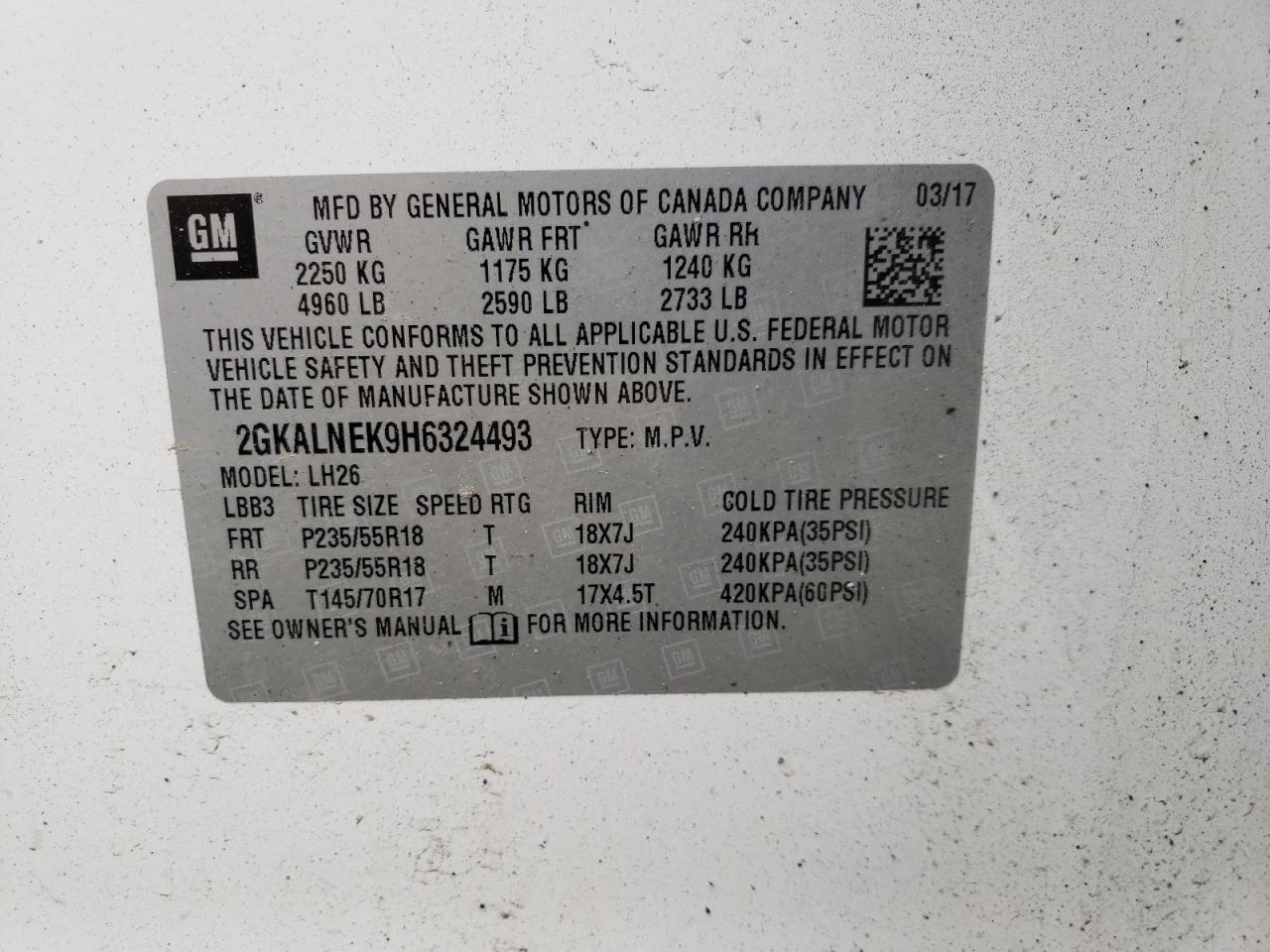 Photo 10 from auction – 2017 GMC TERRAIN SL with VIN 2GKALNEK9H6324493