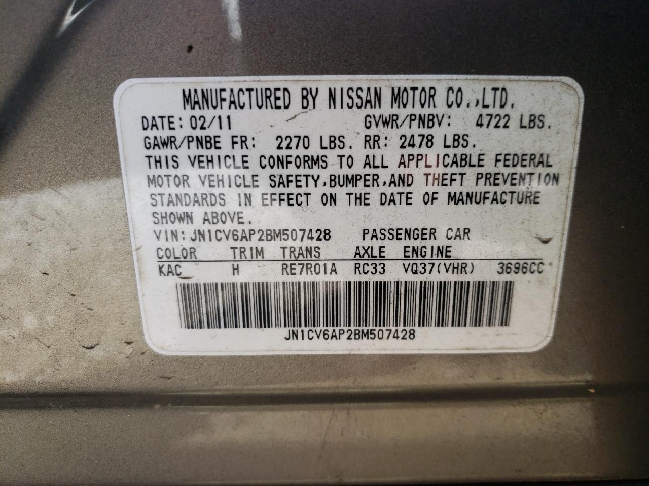 Photo 10 from auction – 2011 INFINITI G37 BASE with VIN JN1CV6AP2BM507428
