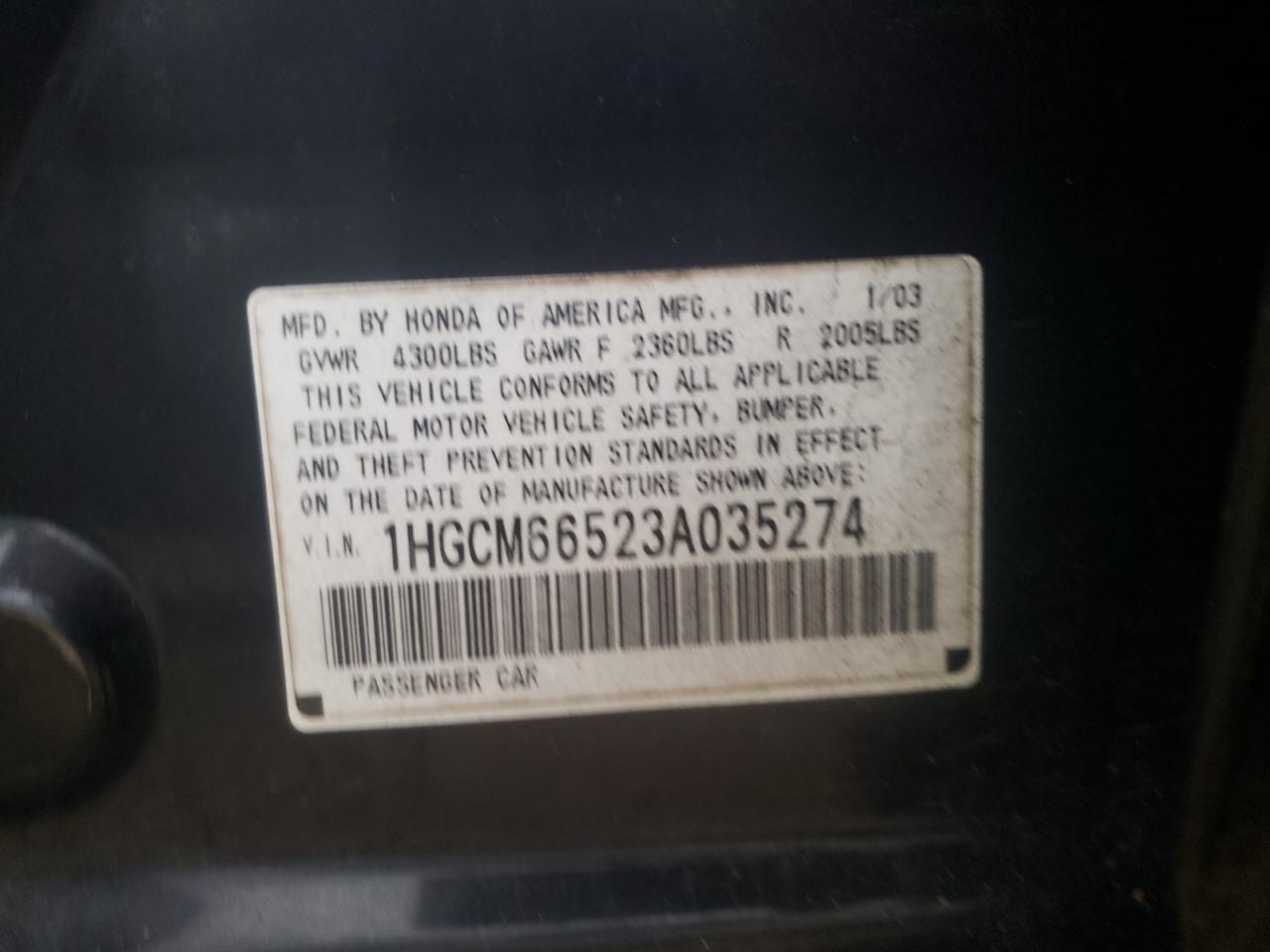 Photo 10 from auction – 2003 HONDA ACCORD EX with VIN 1HGCM66523A035274