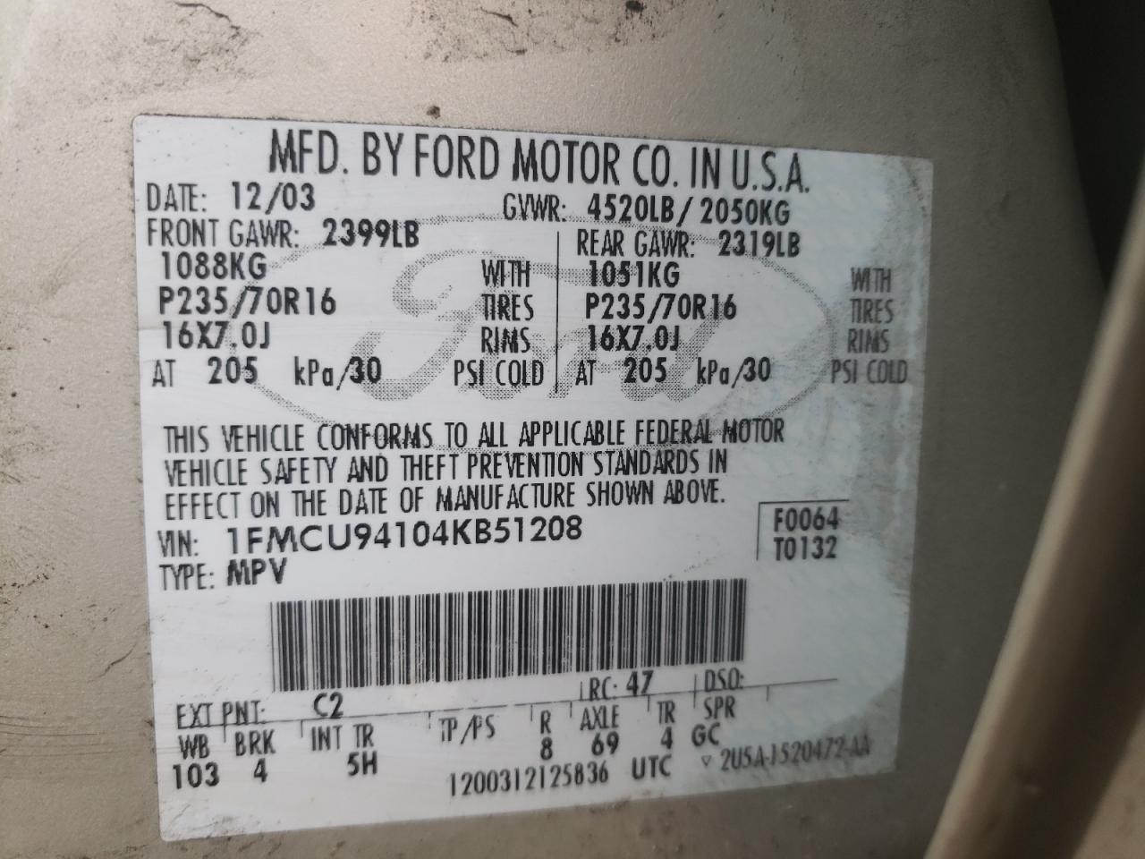 Photo 10 from auction – 2004 FORD ESCAPE LIM with VIN 1FMCU94104KB51208