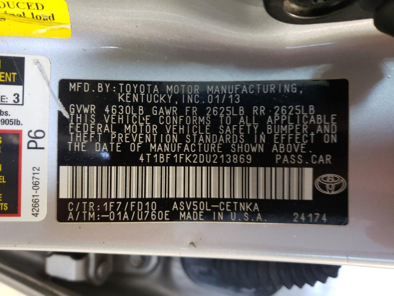 Photo 10 from auction – 2013 TOYOTA CAMRY L with VIN 4T1BF1FK2DU213869