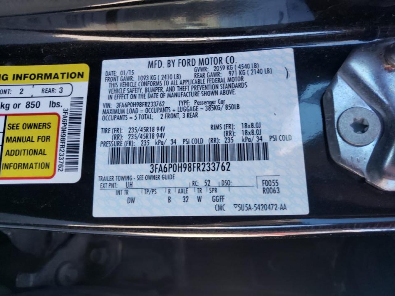 Photo 10 from auction – 2015 FORD FUSION SE with VIN 3FA6P0H98FR233762