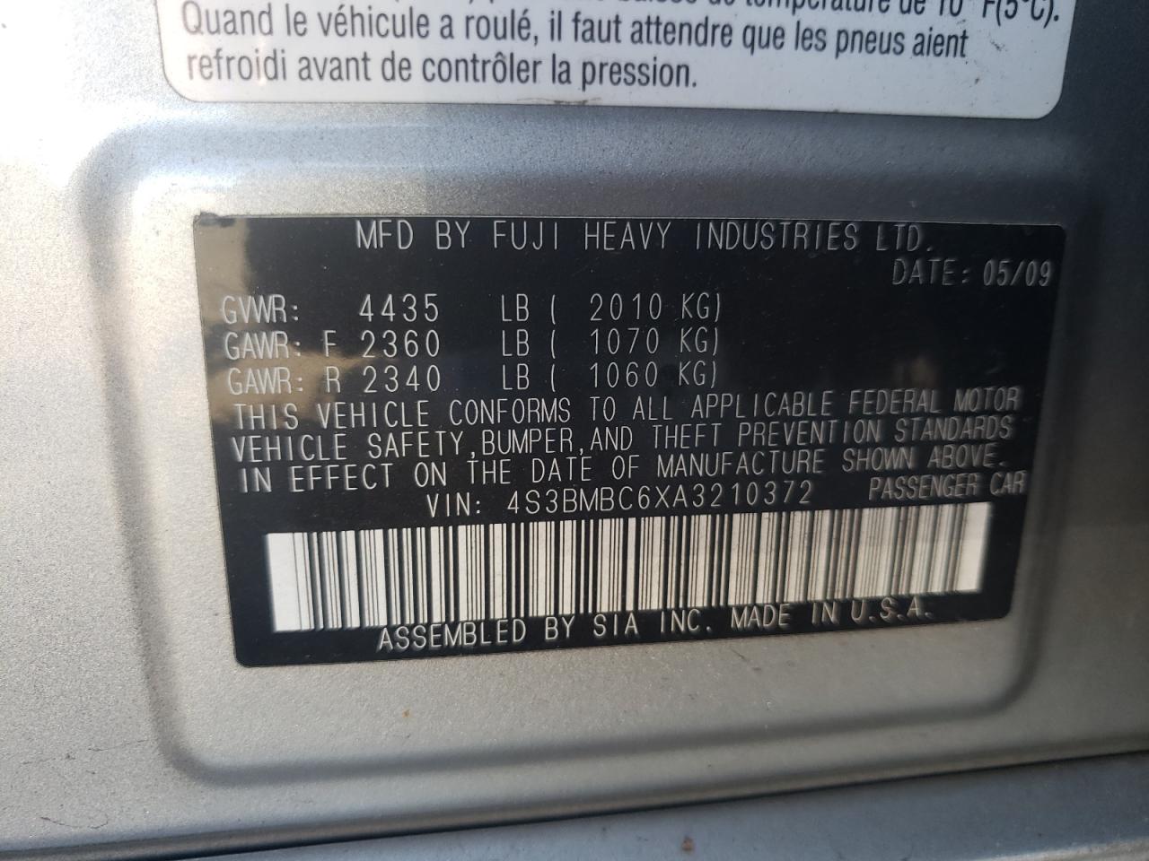 Photo 10 from auction – 2010 SUBARU LEGACY 2.5 with VIN 4S3BMBC6XA3210372