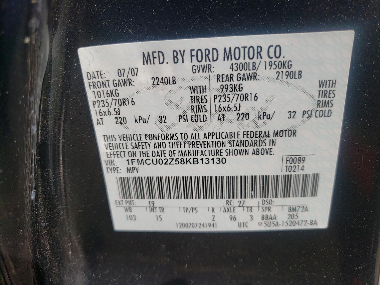 Photo 10 from auction – 2008 FORD ESCAPE XLS with VIN 1FMCU02Z58KB13130