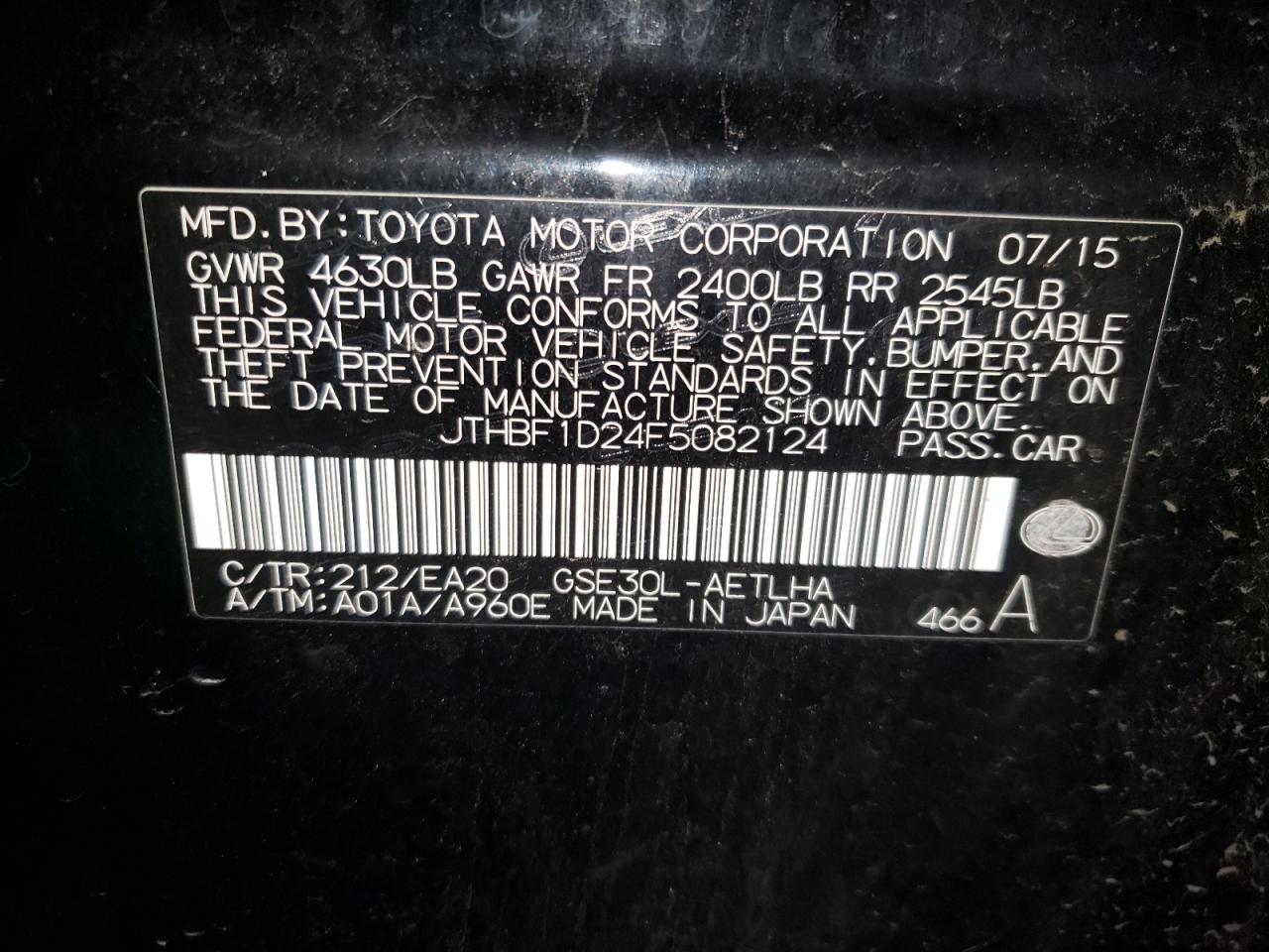 Photo 10 from auction – 2015 LEXUS IS 250 with VIN JTHBF1D24F5082124