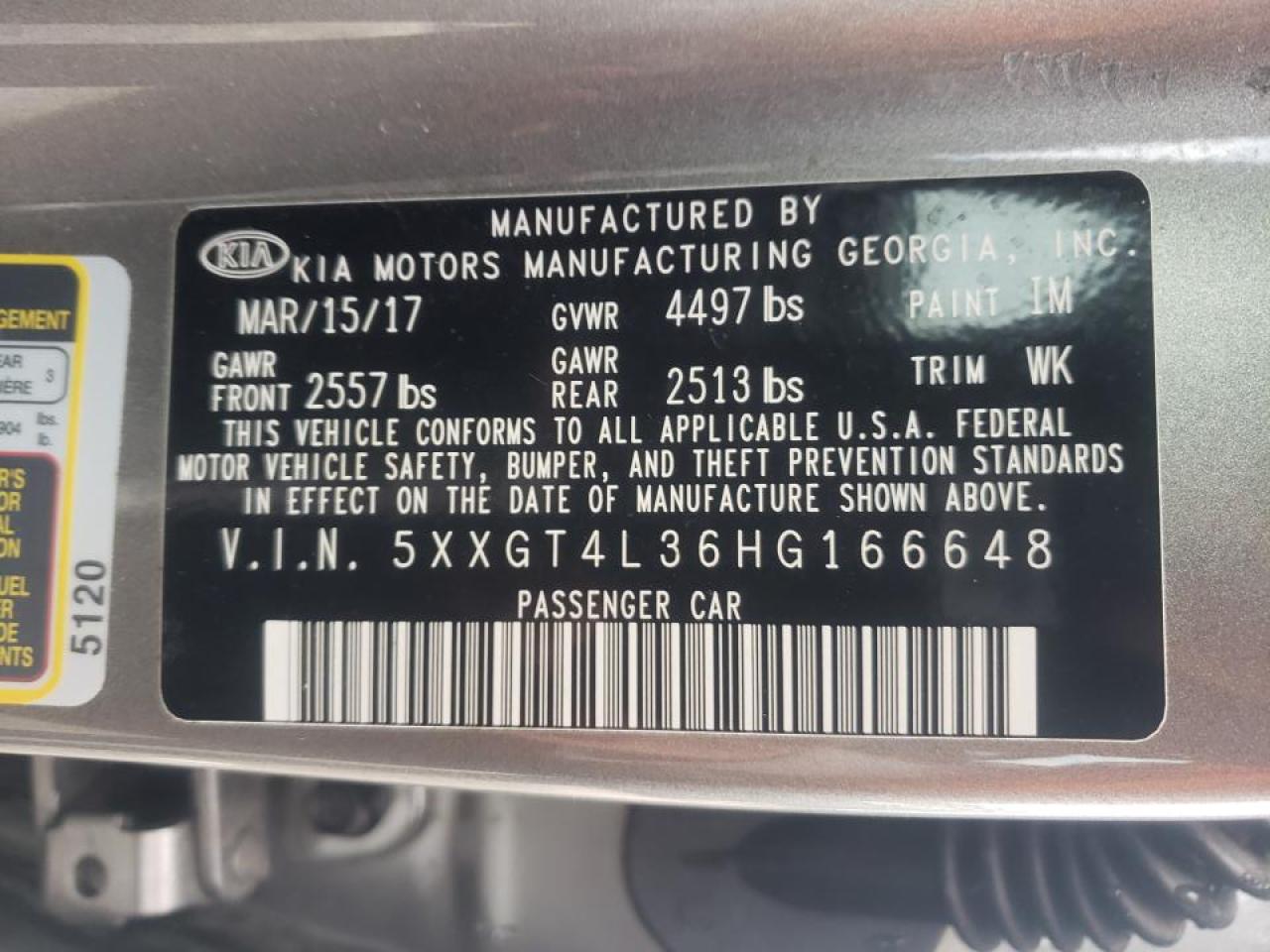 Photo 10 from auction – 2017 KIA OPTIMA LX with VIN 5XXGT4L36HG166648