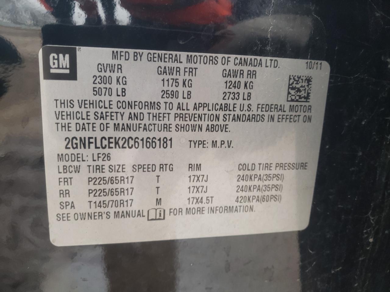 Photo 10 from auction – 2012 CHEVROLET EQUINOX LS with VIN 2GNFLCEK2C6166181
