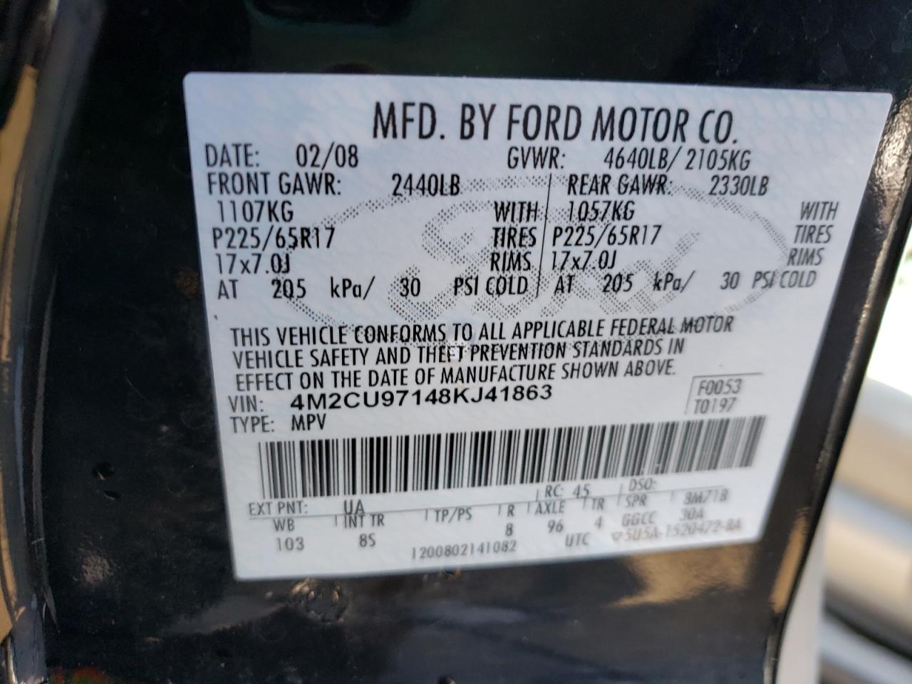 Photo 10 from auction – 2008 MERCURY MARINER PR with VIN 4M2CU97148KJ41863