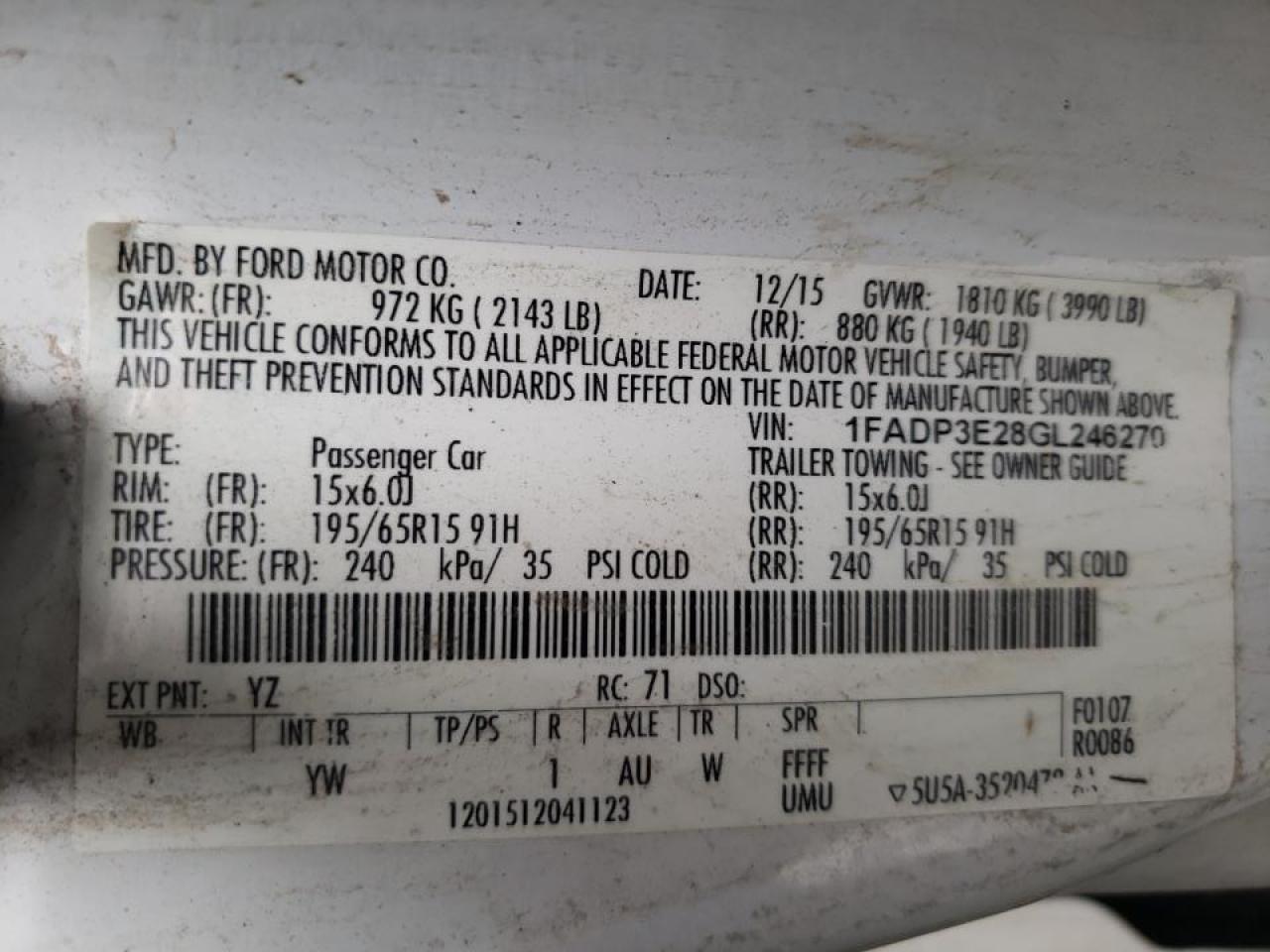 Photo 10 from auction – 2016 FORD FOCUS S with VIN 1FADP3E28GL246270