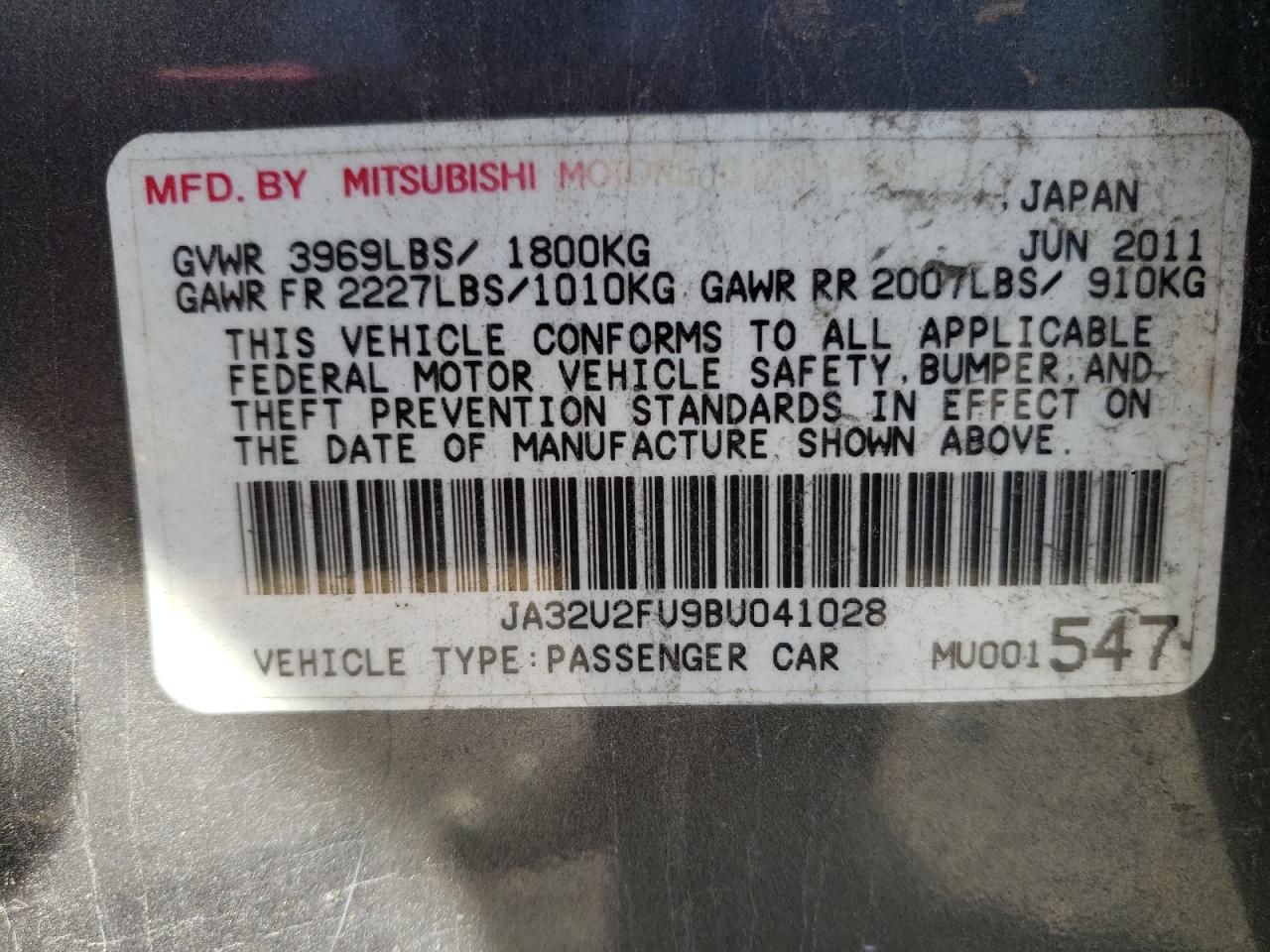 Photo 10 from auction – 2011 MITSUBISHI LANCER ES/ with VIN JA32U2FU9BU041028