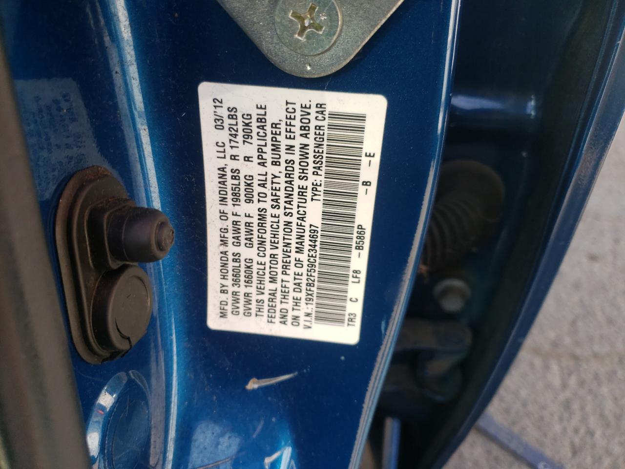 Photo 10 from auction – 2012 HONDA CIVIC LX with VIN 19XFB2F59CE344697