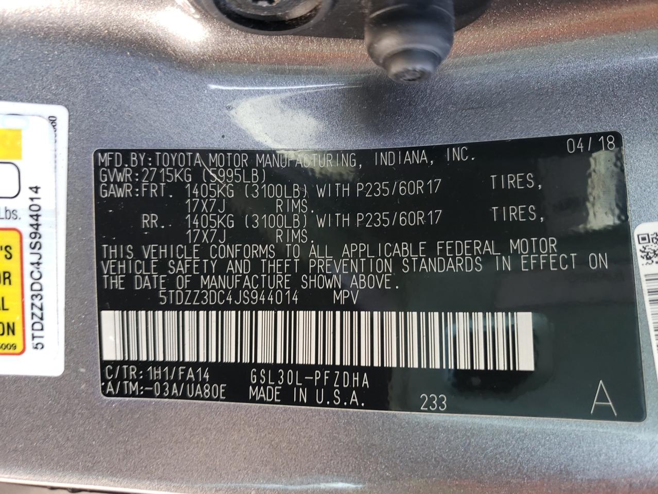 Photo 10 from auction – 2018 TOYOTA SIENNA L with VIN 5TDZZ3DC4JS944014