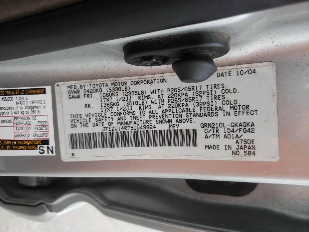 Photo 10 from auction – 2005 TOYOTA 4RUNNER SR with VIN JTEZU14R750049824