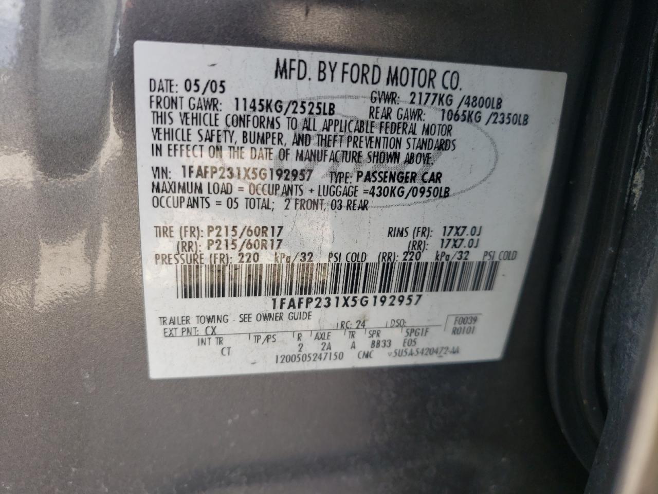 Photo 10 from auction – 2005 FORD FIVE HUNDR with VIN 1FAFP231X5G192957