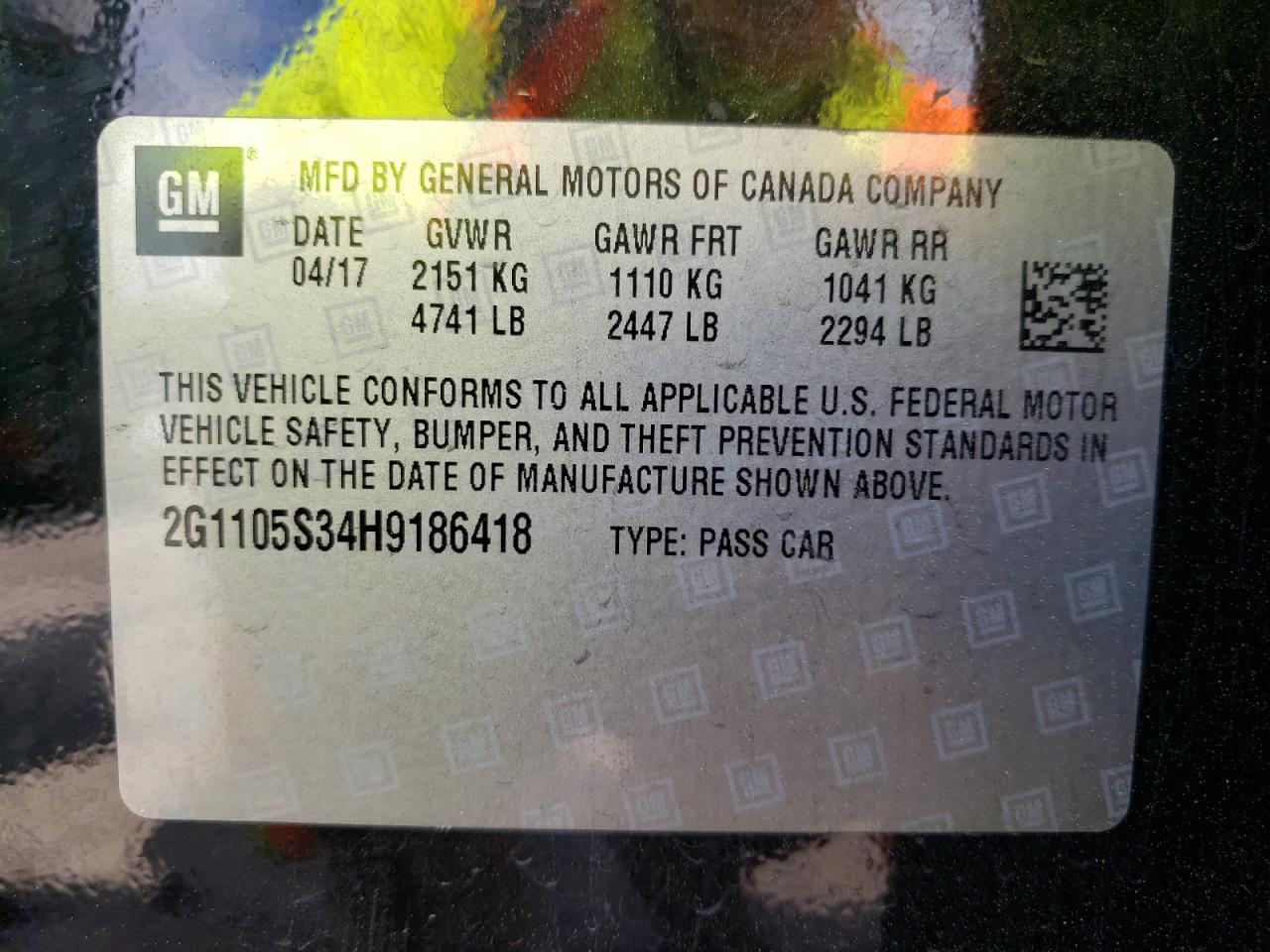 Photo 10 from auction – 2017 CHEVROLET IMPALA LT with VIN 2G1105S34H9186418