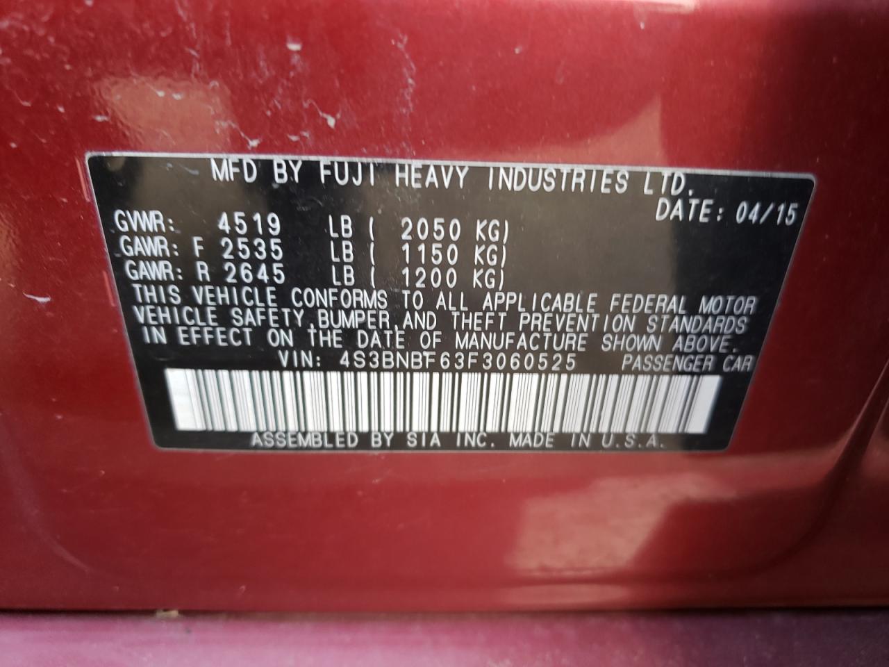 Photo 10 from auction – 2015 SUBARU LEGACY 2.5 with VIN 4S3BNBF63F3060525