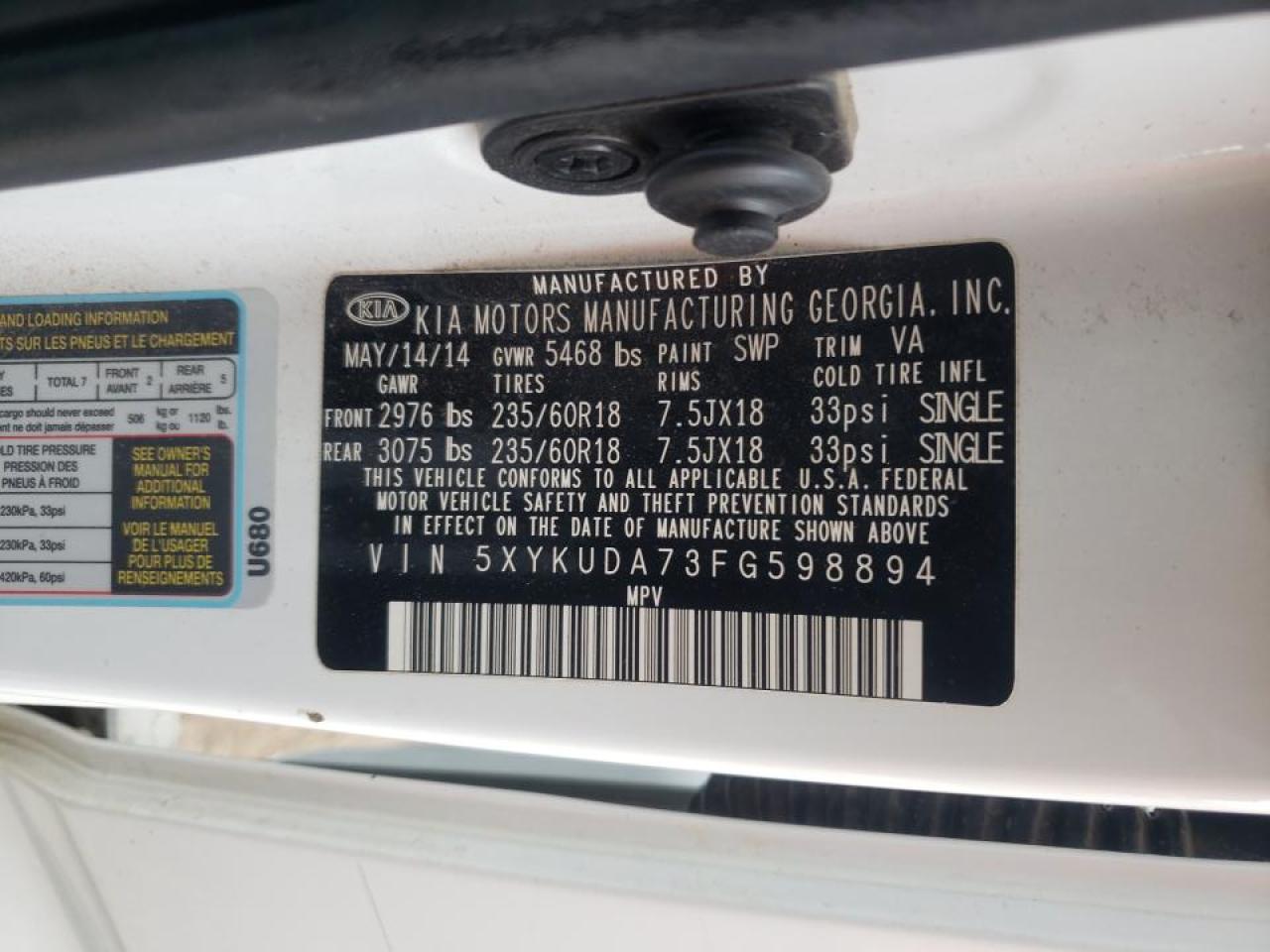 Photo 10 from auction – 2015 KIA SORENTO EX with VIN 5XYKUDA73FG598894