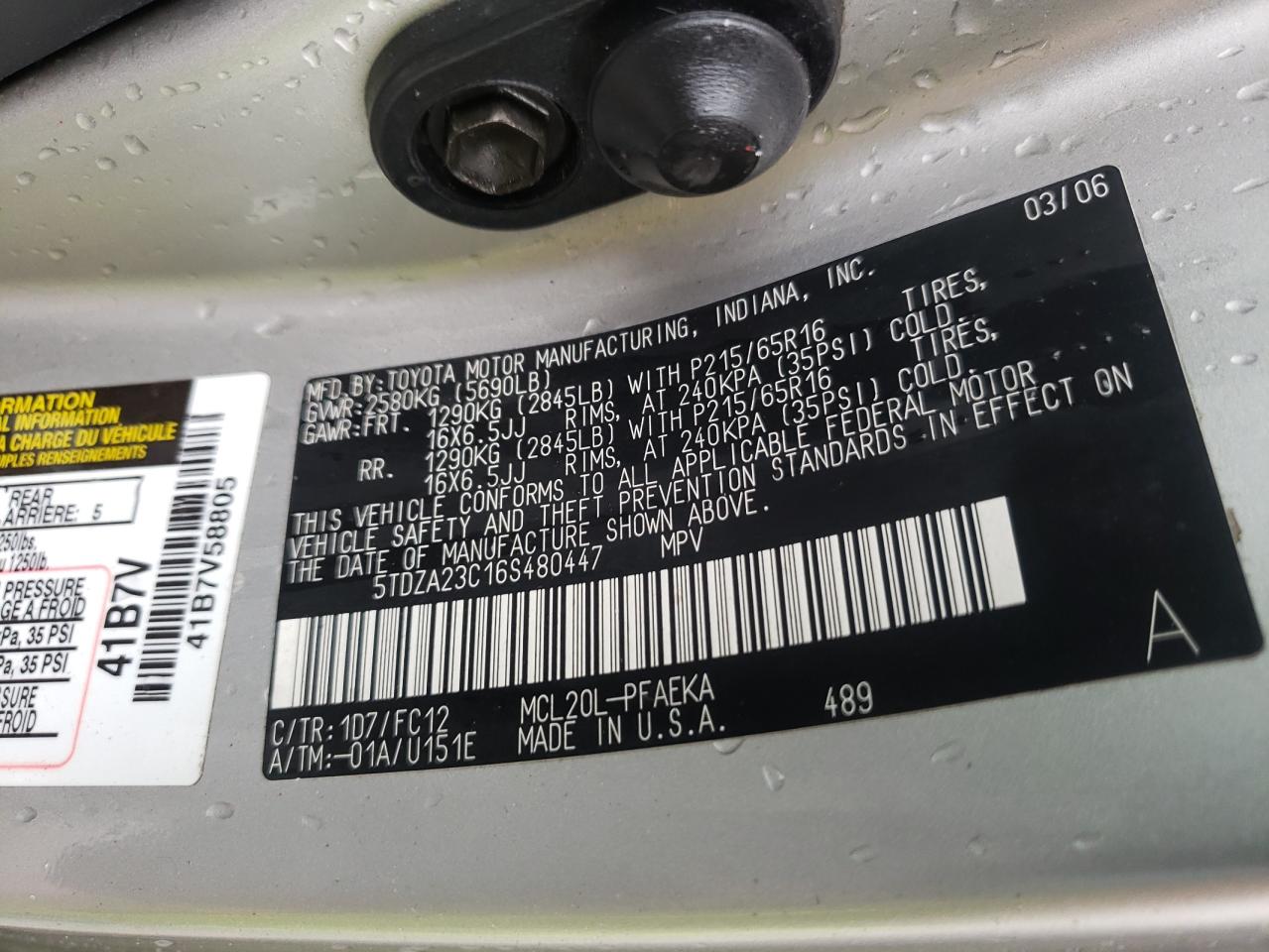 Photo 10 from auction – 2006 TOYOTA SIENNA CE with VIN 5TDZA23C16S480447