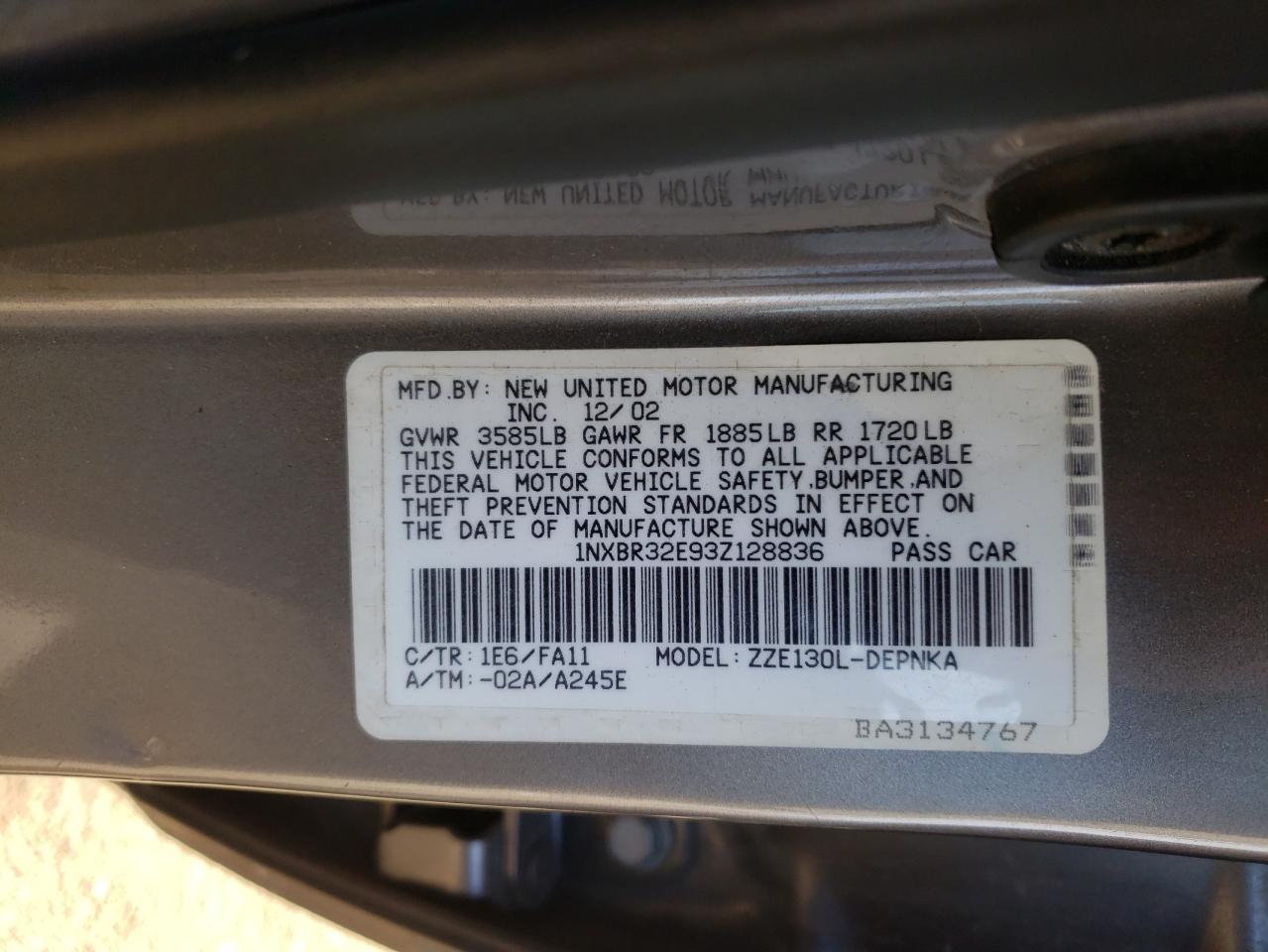 Photo 10 from auction – 2003 TOYOTA COROLLA CE with VIN 1NXBR32E93Z128836