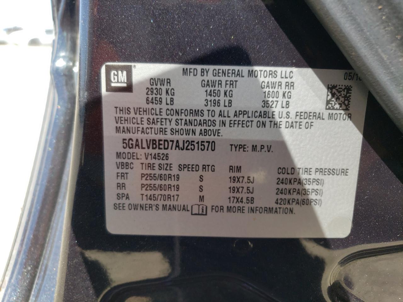 Photo 10 from auction – 2010 BUICK ENCLAVE CX with VIN 5GALVBED7AJ251570