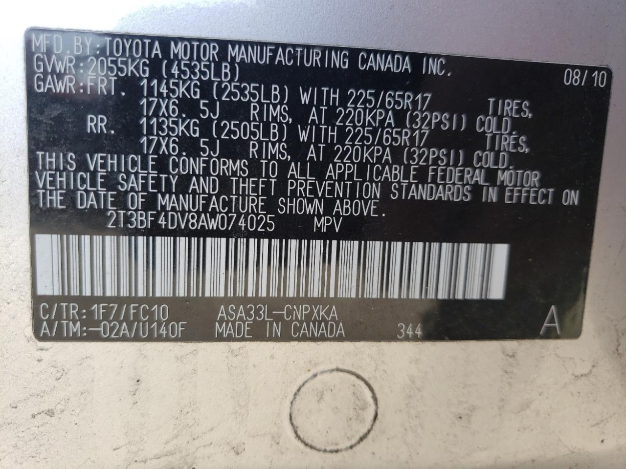 Photo 10 from auction – 2010 TOYOTA RAV4 with VIN 2T3BF4DV8AW074025