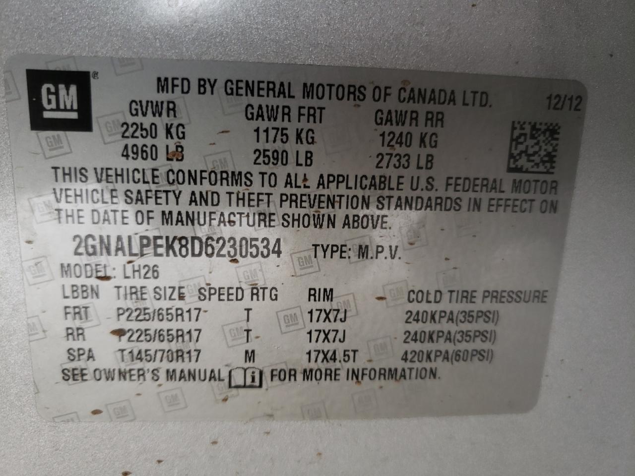 Photo 10 from auction – 2013 CHEVROLET EQUINOX LT with VIN 2GNALPEK8D6230534