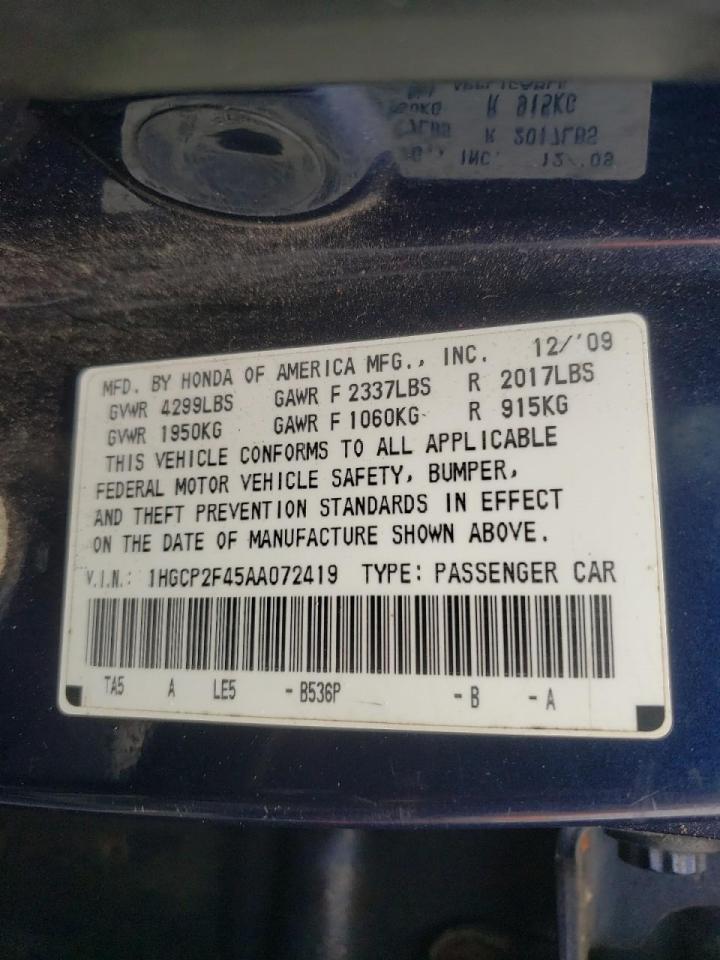 Photo 10 from auction – 2010 HONDA ACCORD LXP with VIN 1HGCP2F45AA072419