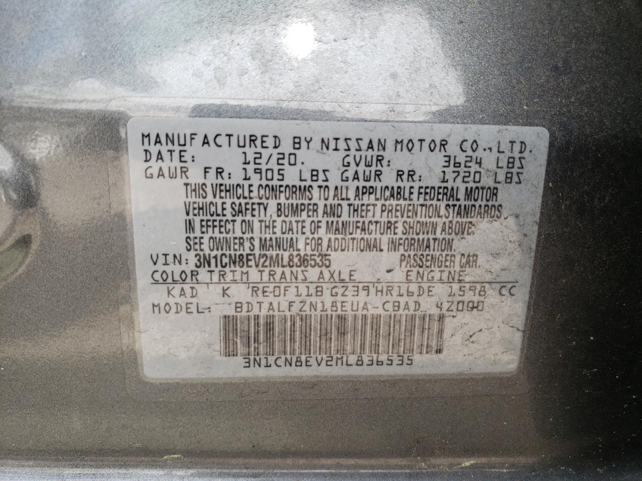 Photo 10 from auction – 2021 NISSAN VERSA SV with VIN 3N1CN8EV2ML836535