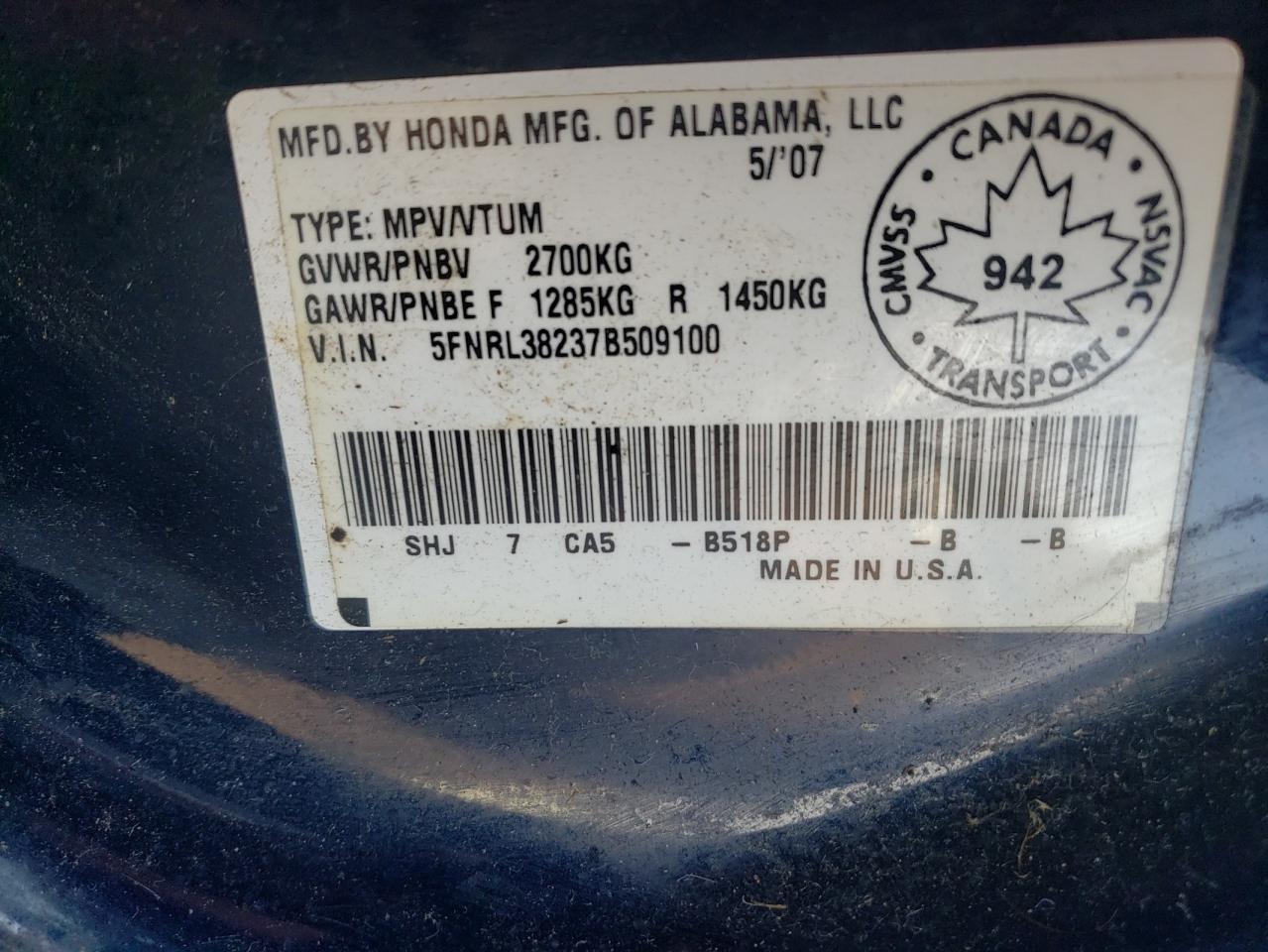 Photo 10 from auction – 2007 HONDA ODYSSEY LX with VIN 5FNRL38237B509100