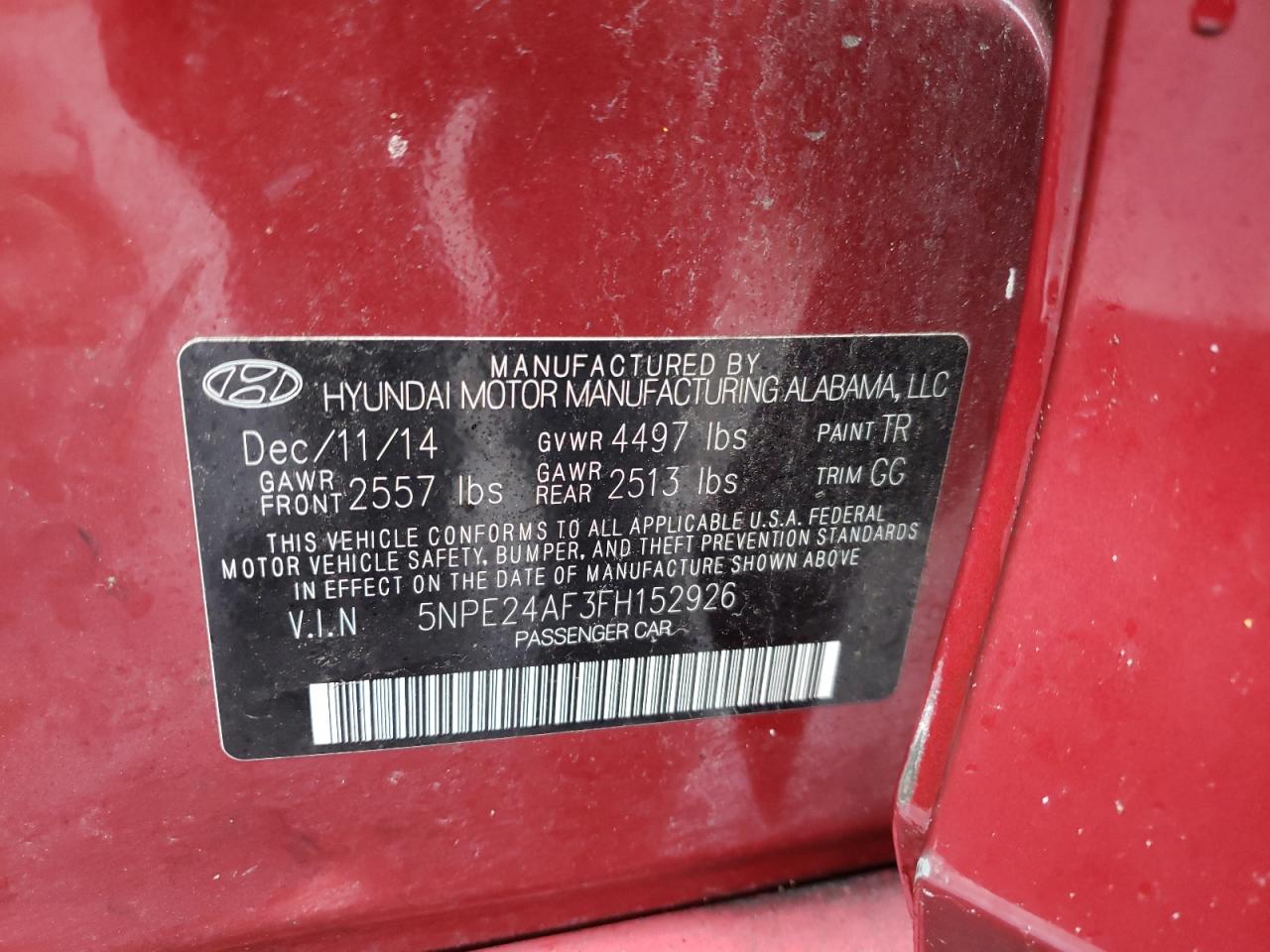 Photo 10 from auction – 2015 HYUNDAI SONATA SE with VIN 5NPE24AF3FH152926