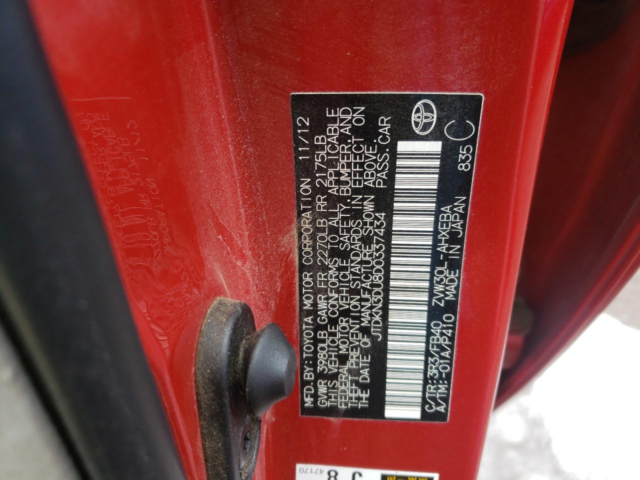 Photo 10 from auction – 2013 TOYOTA PRIUS with VIN JTDKN3DU8D0337434
