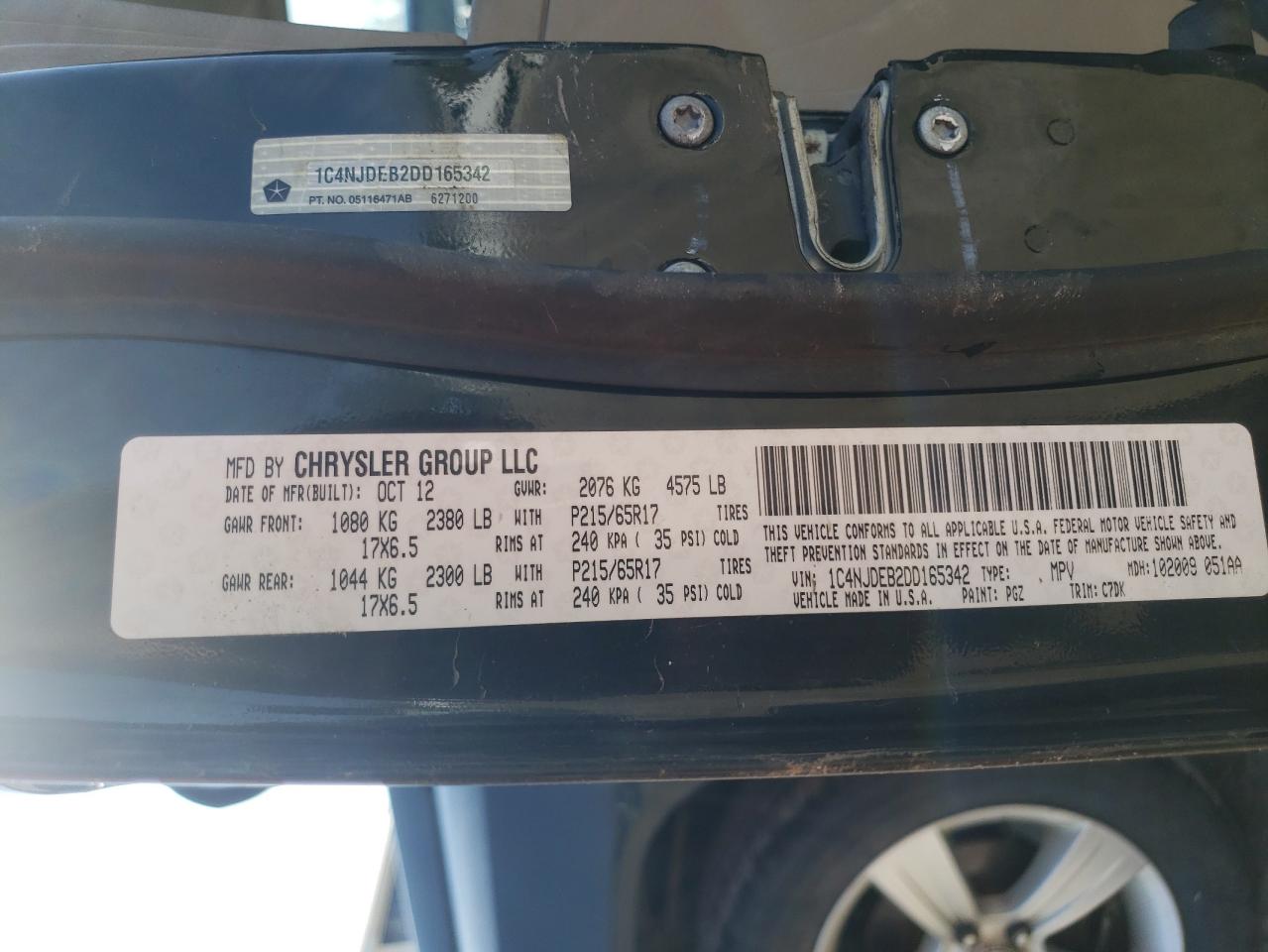 Photo 10 from auction – 2013 JEEP COMPASS LA with VIN 1C4NJDEB2DD165342