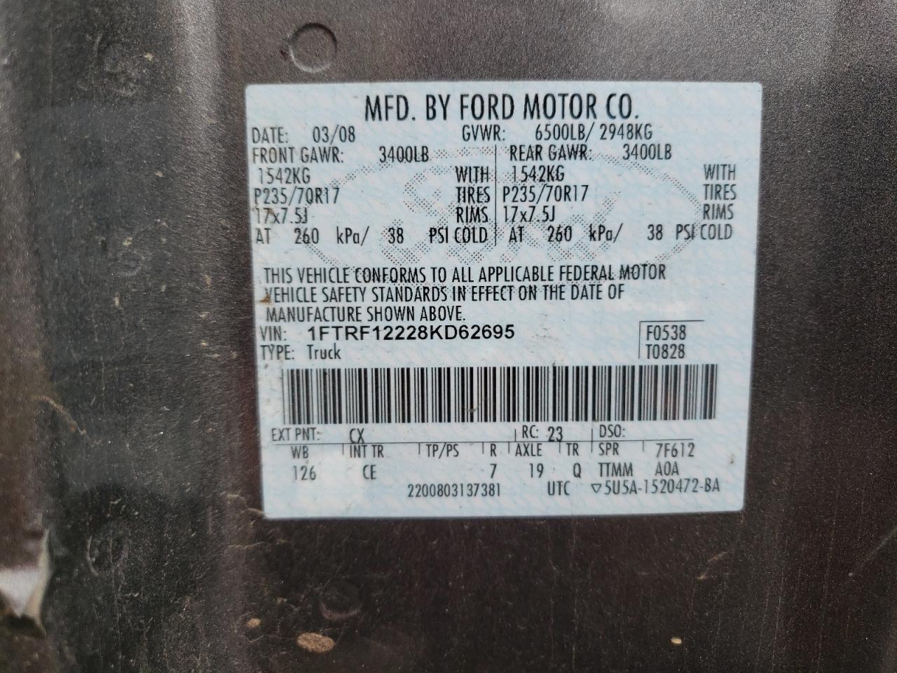 Zdjęcie 10 z aukcji – 2008 FORD F150 z VIN 1FTRF12228KD62695