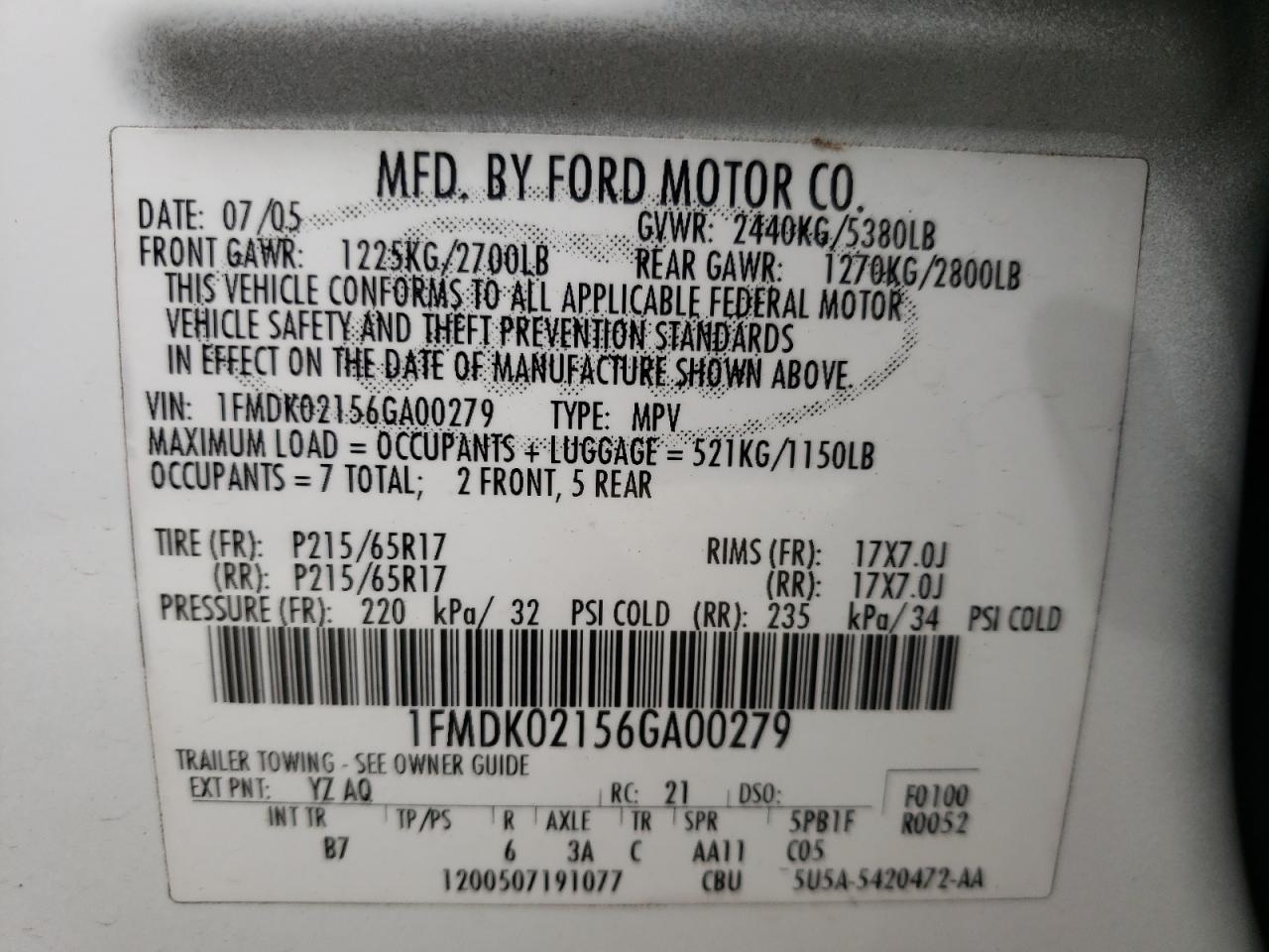Photo 10 from auction – 2006 FORD FREESTYLE with VIN 1FMDK02156GA00279