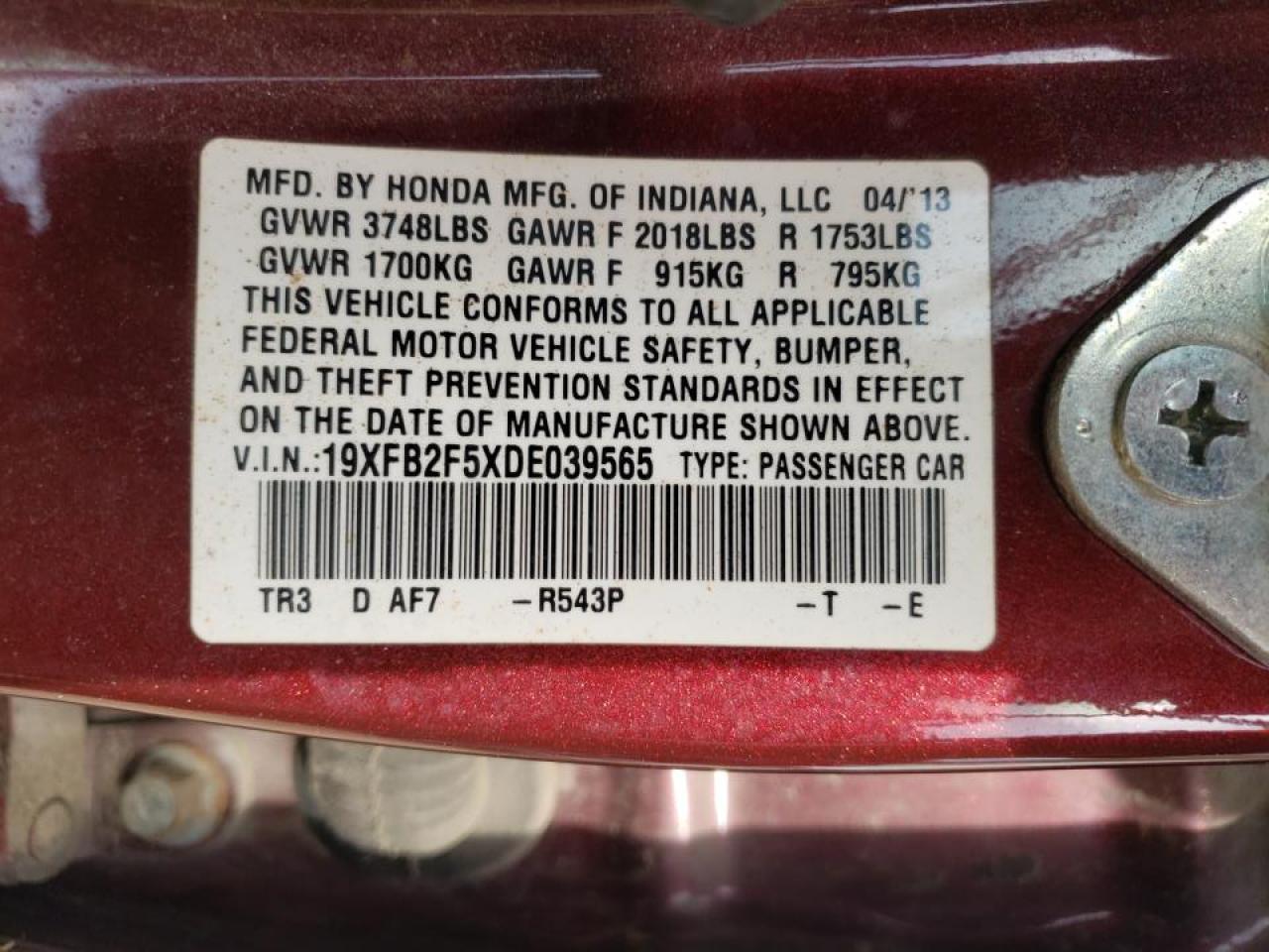 Photo 10 from auction – 2013 HONDA CIVIC LX with VIN 19XFB2F5XDE039565