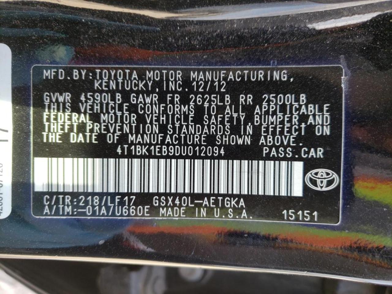 Photo 10 from auction – 2013 TOYOTA AVALON BAS with VIN 4T1BK1EB9DU012094